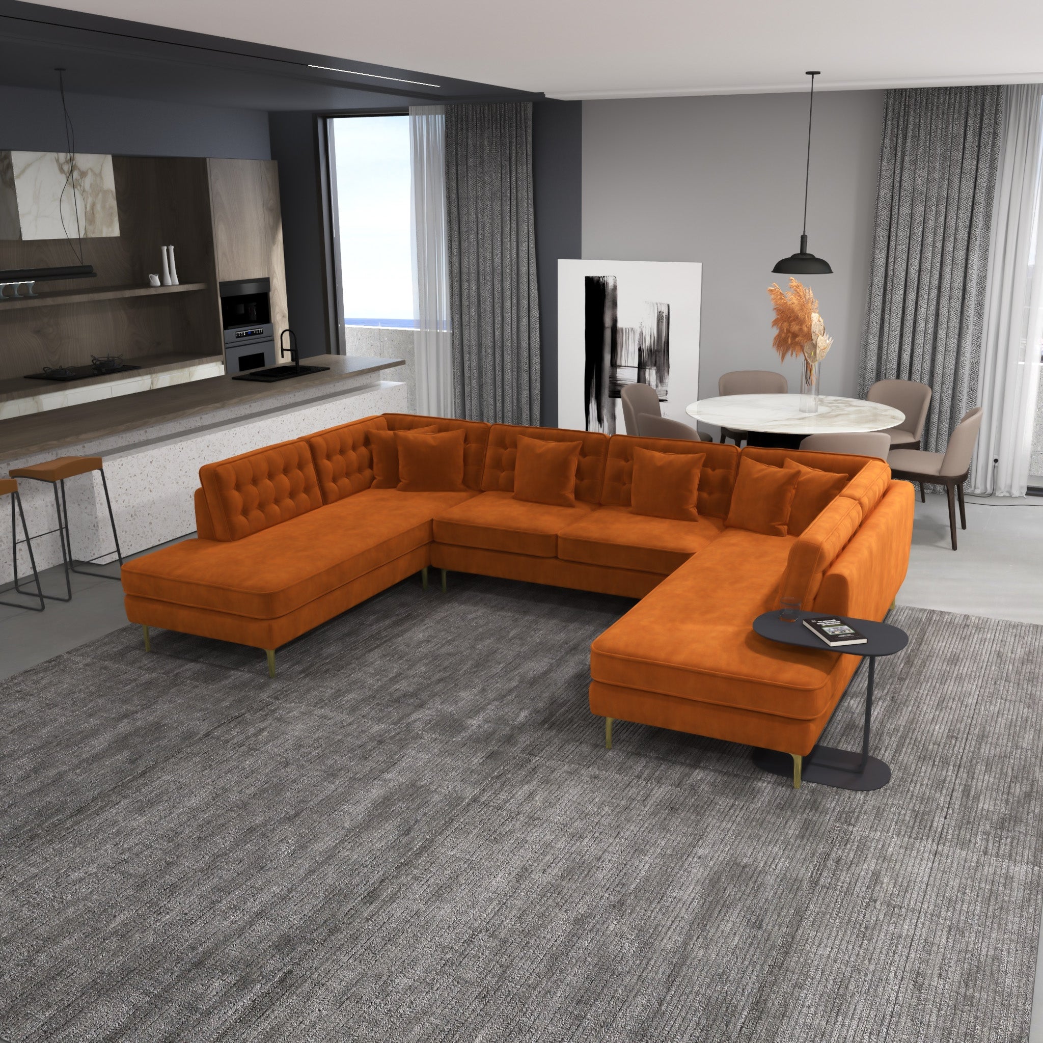 Caleb Burnt Orange Velvet U Shape Corner Sofa - MidinMod