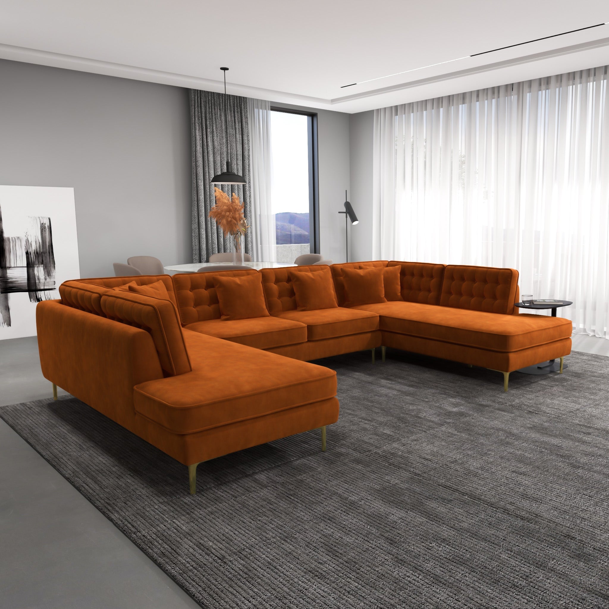 Caleb Burnt Orange Velvet U Shape Corner Sofa - MidinMod