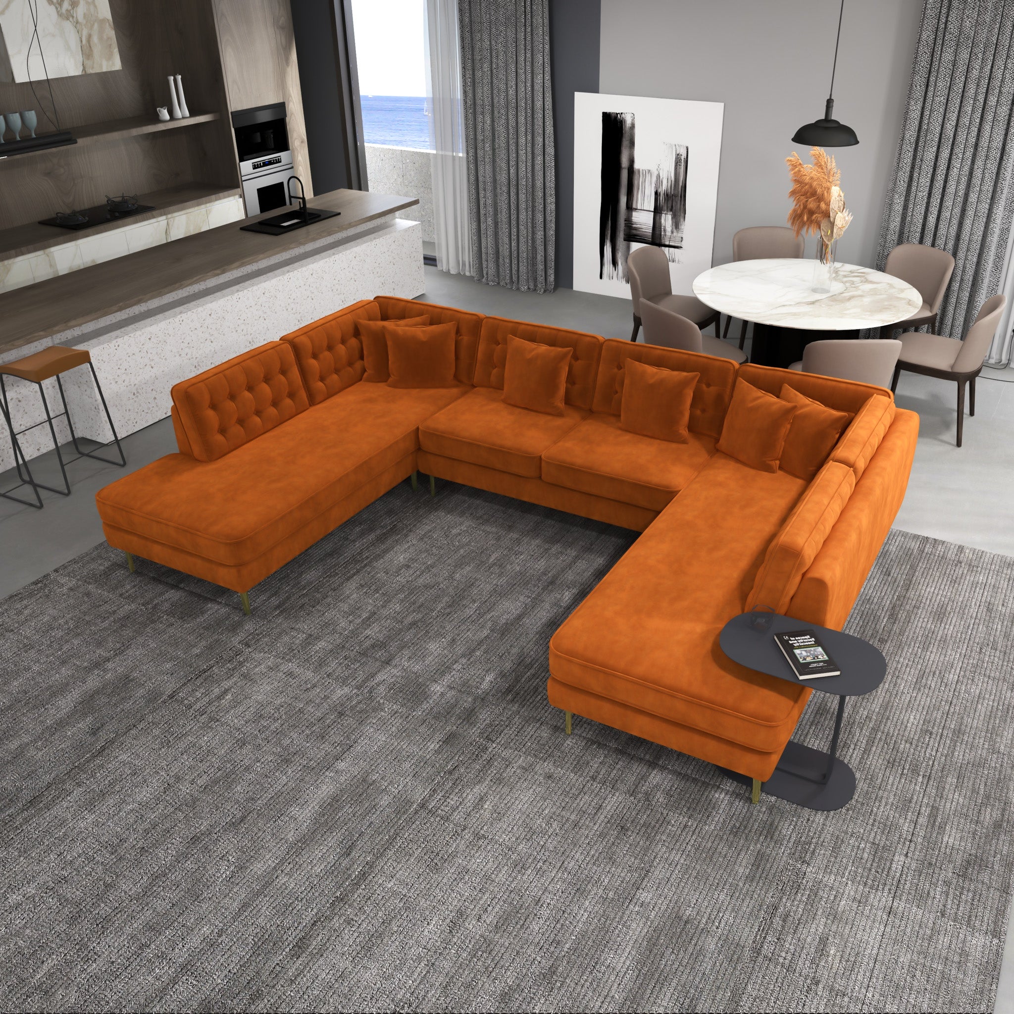 Caleb Burnt Orange Velvet U Shape Corner Sofa - MidinMod