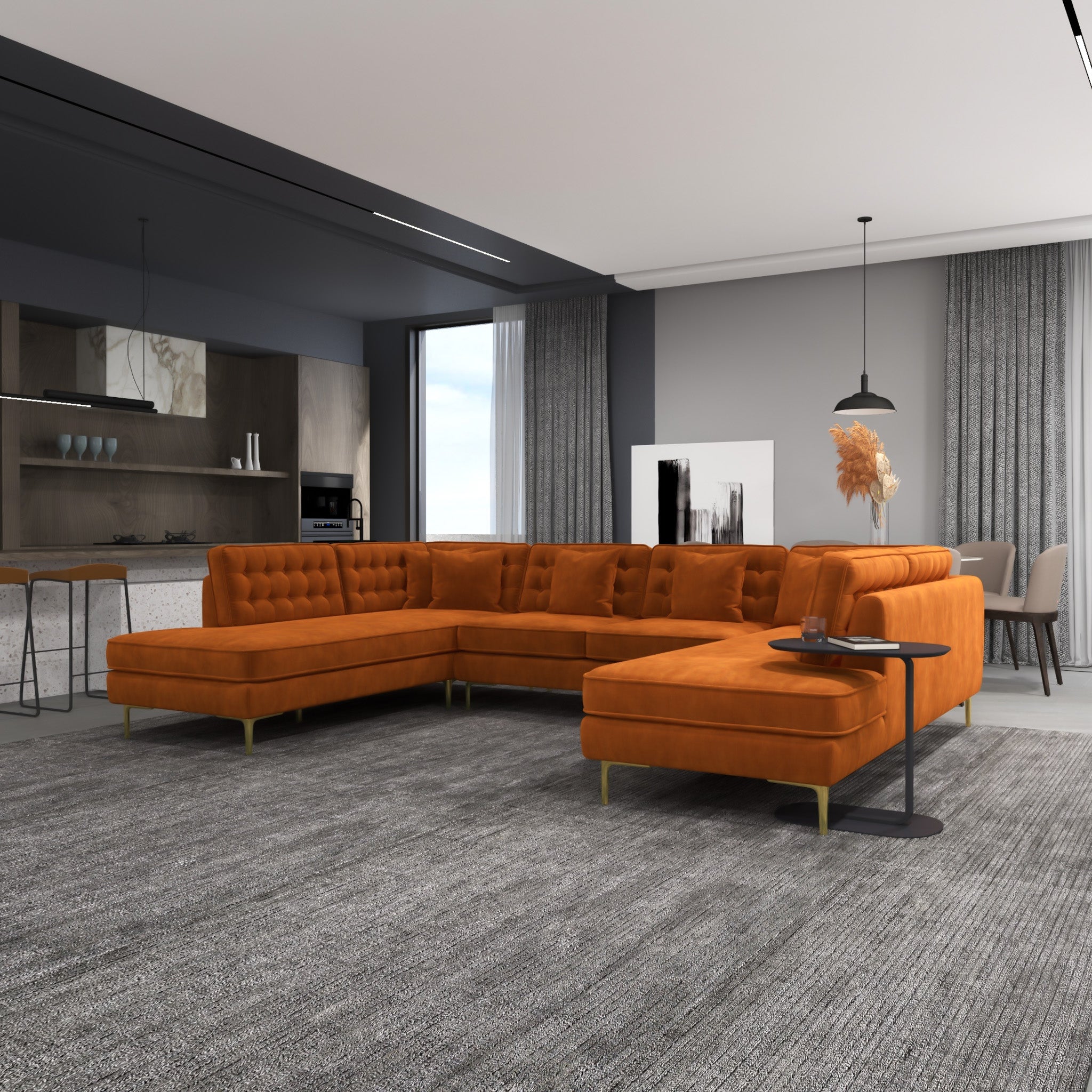 Caleb Burnt Orange Velvet U Shape Corner Sofa - MidinMod