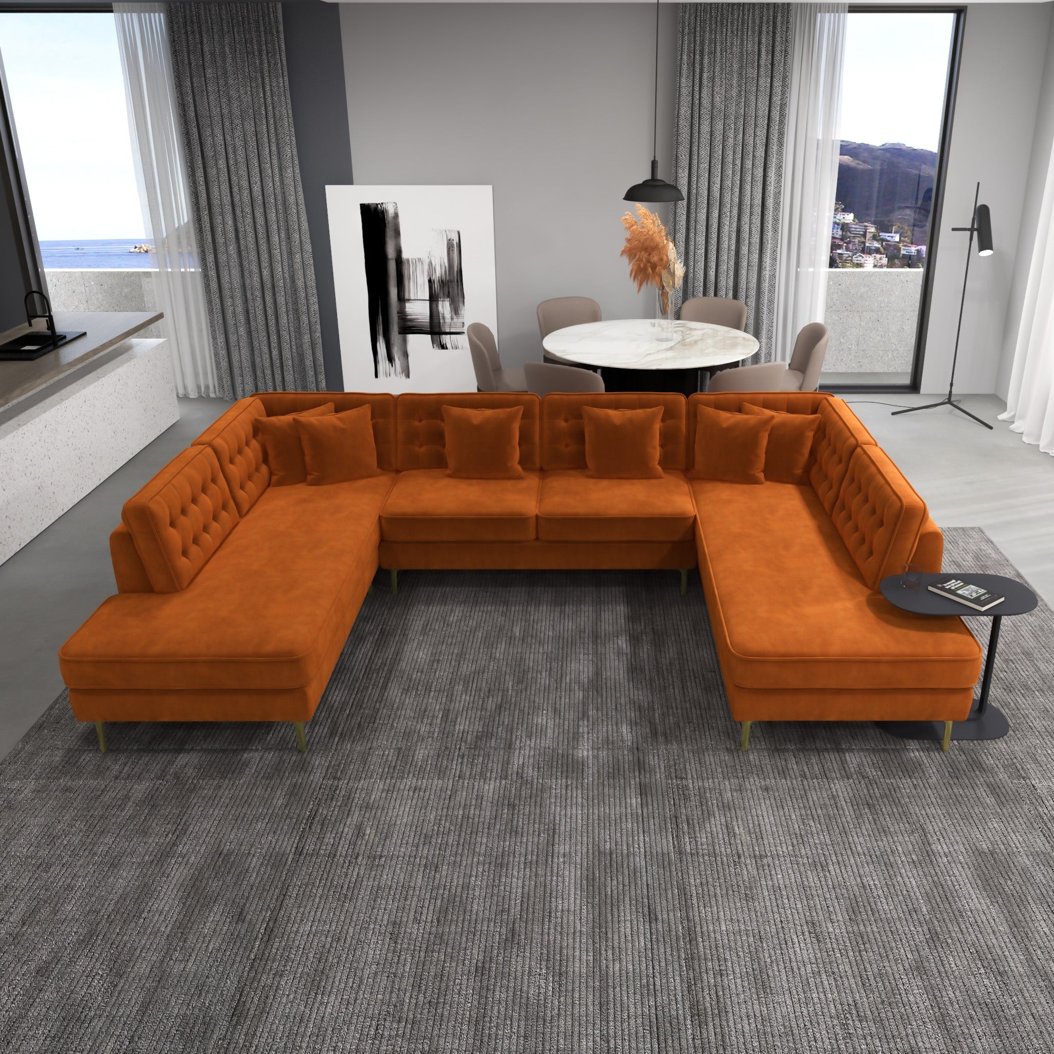 Caleb Burnt Orange Velvet U Shape Corner Sofa - MidinMod