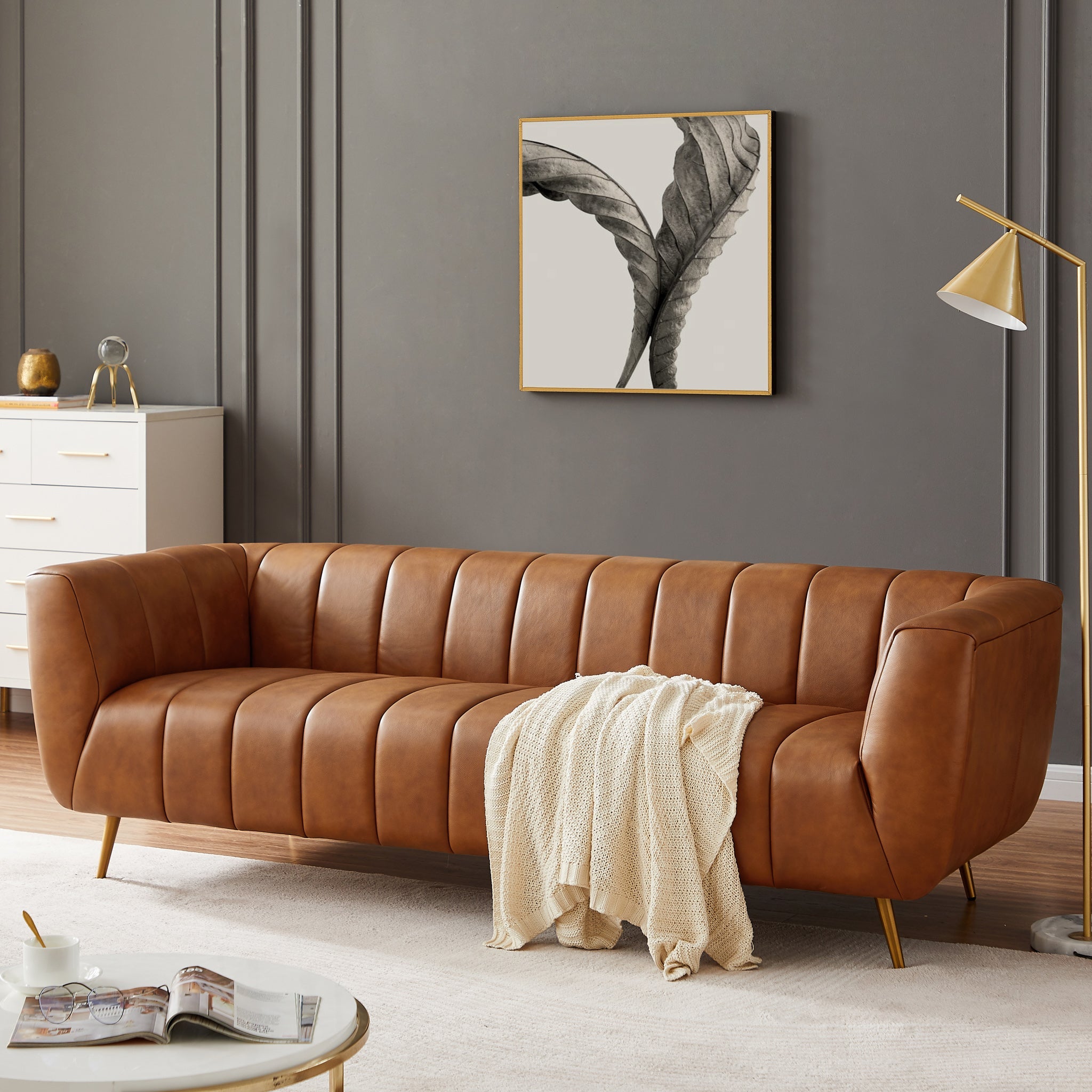 Clodine Cognac Leather Sofa - MidinMod