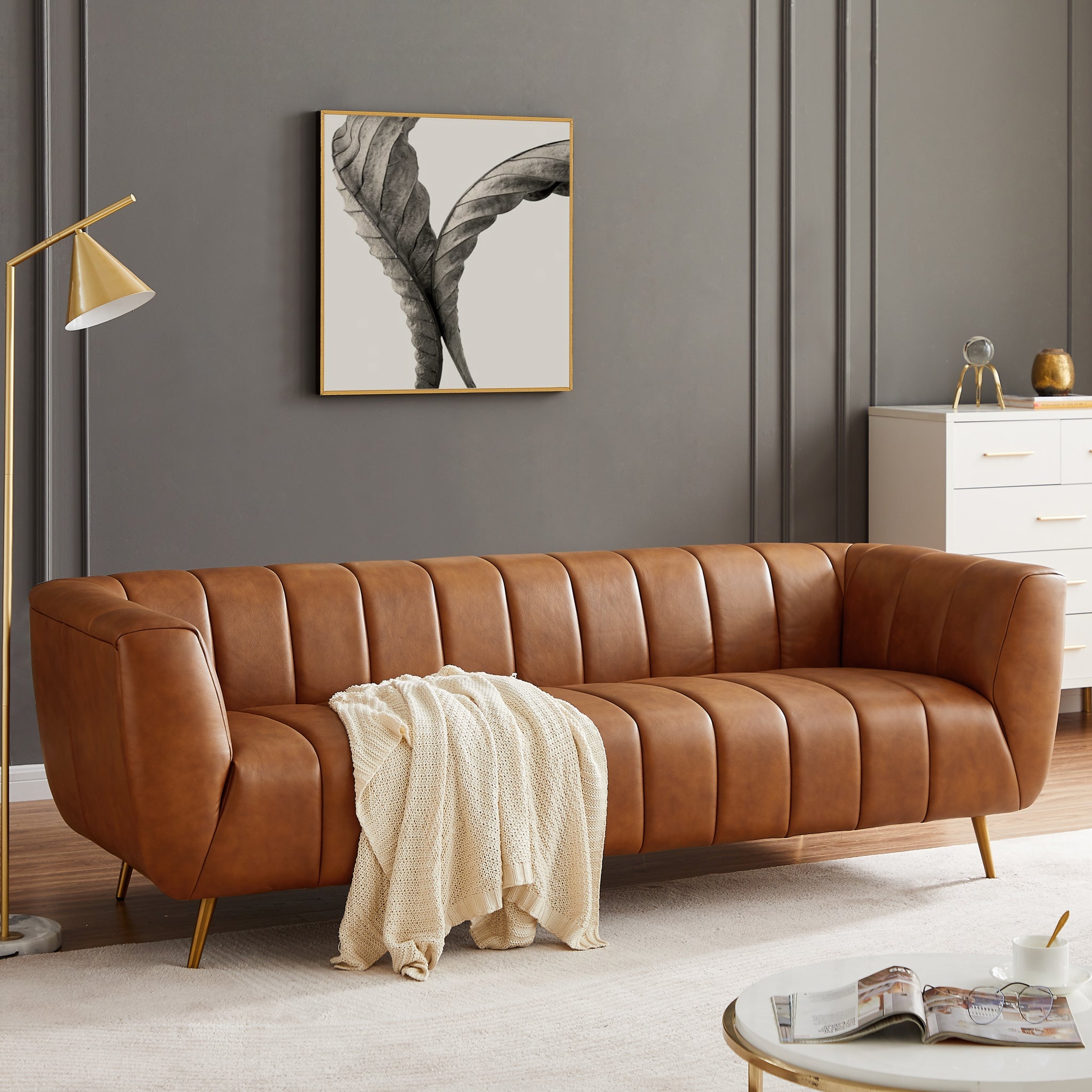 Clodine Cognac Leather Sofa - MidinMod
