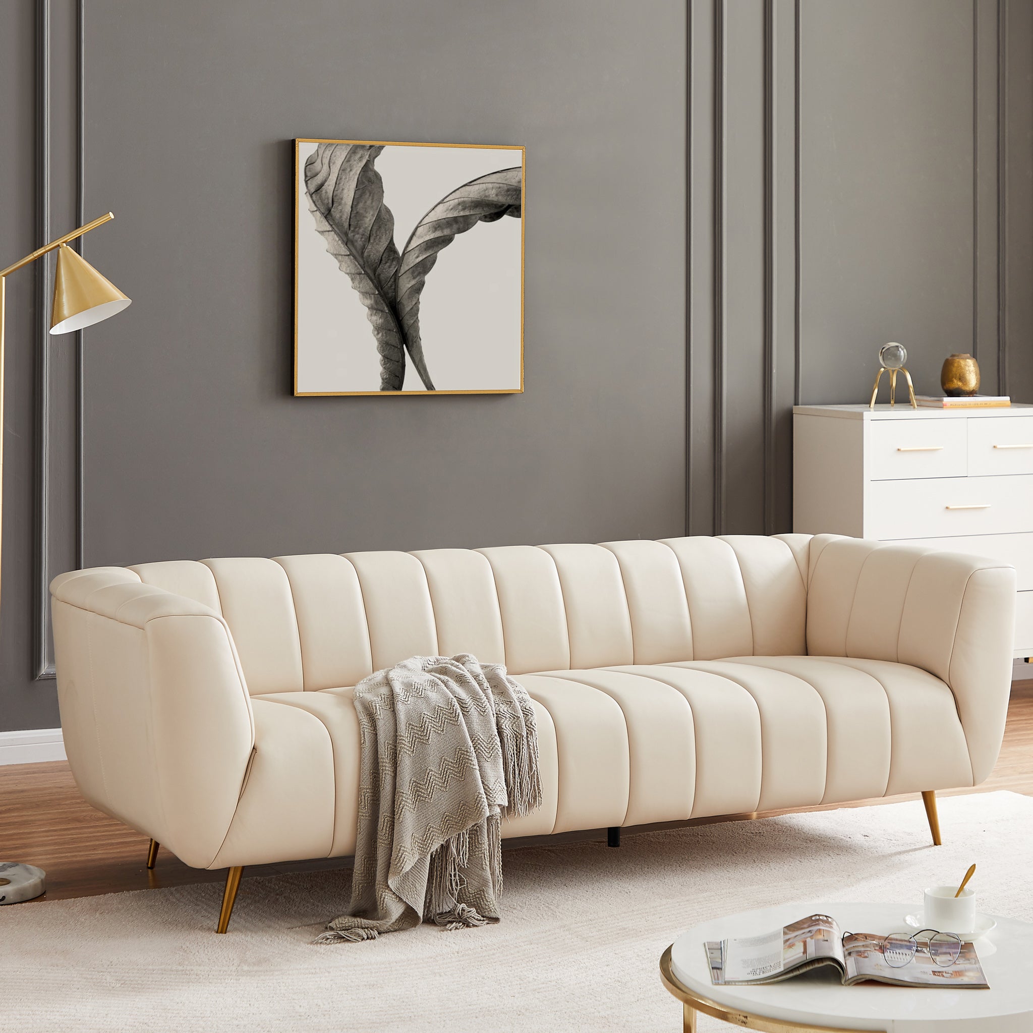 Clodine Cream Leather Sofa - MidinMod