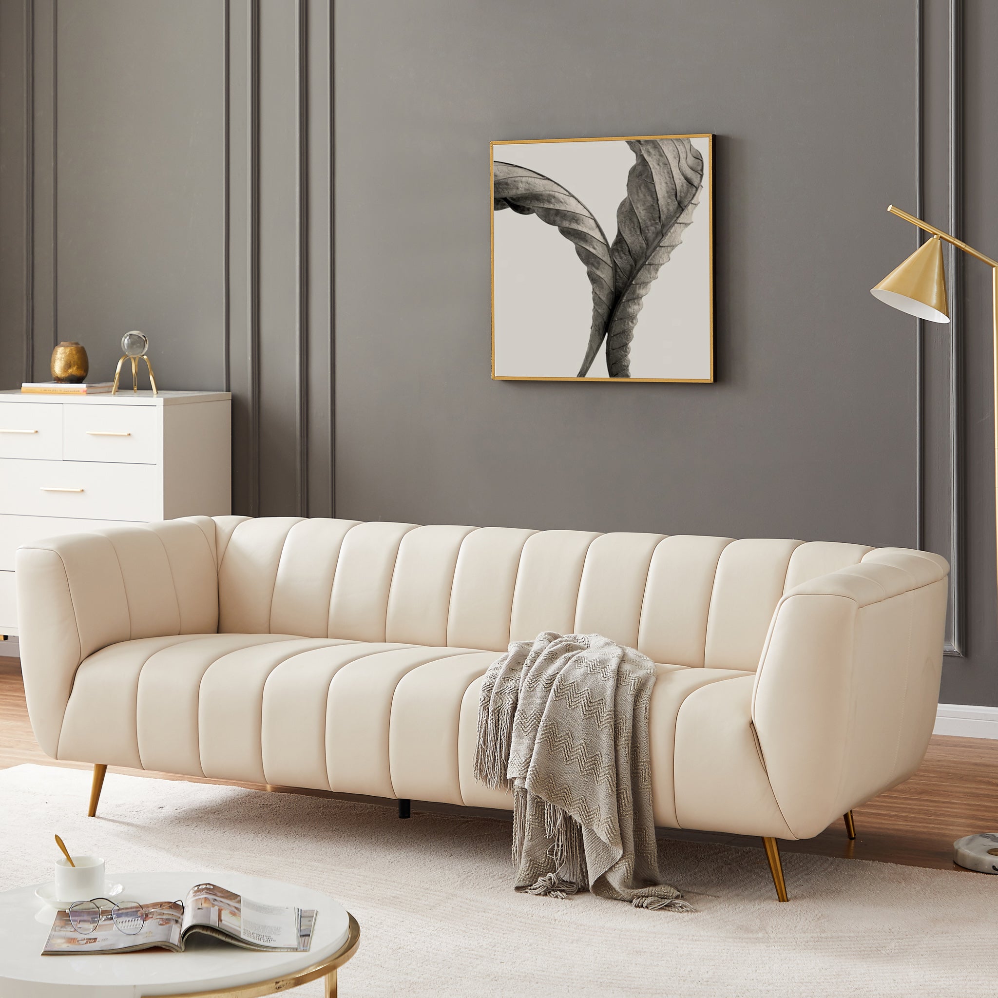 Clodine Cream Leather Sofa - MidinMod