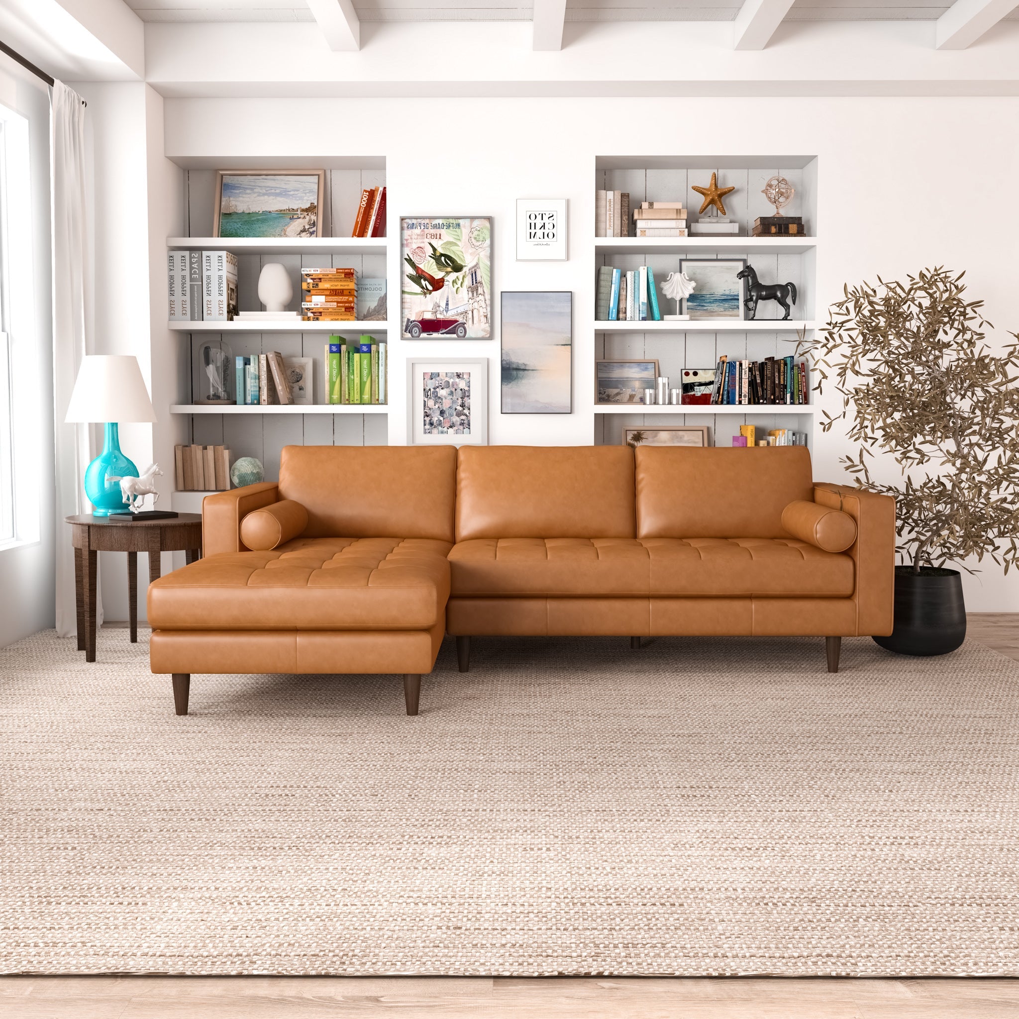Daphne Tan Leather L Shape Corner Sofa Left Facing Chaise - MidinMod