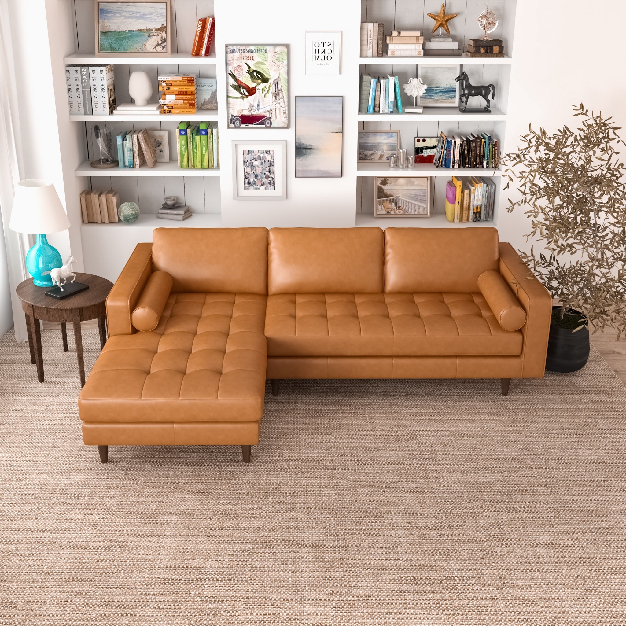Daphne Tan Leather L Shape Corner Sofa Left Facing Chaise - MidinMod
