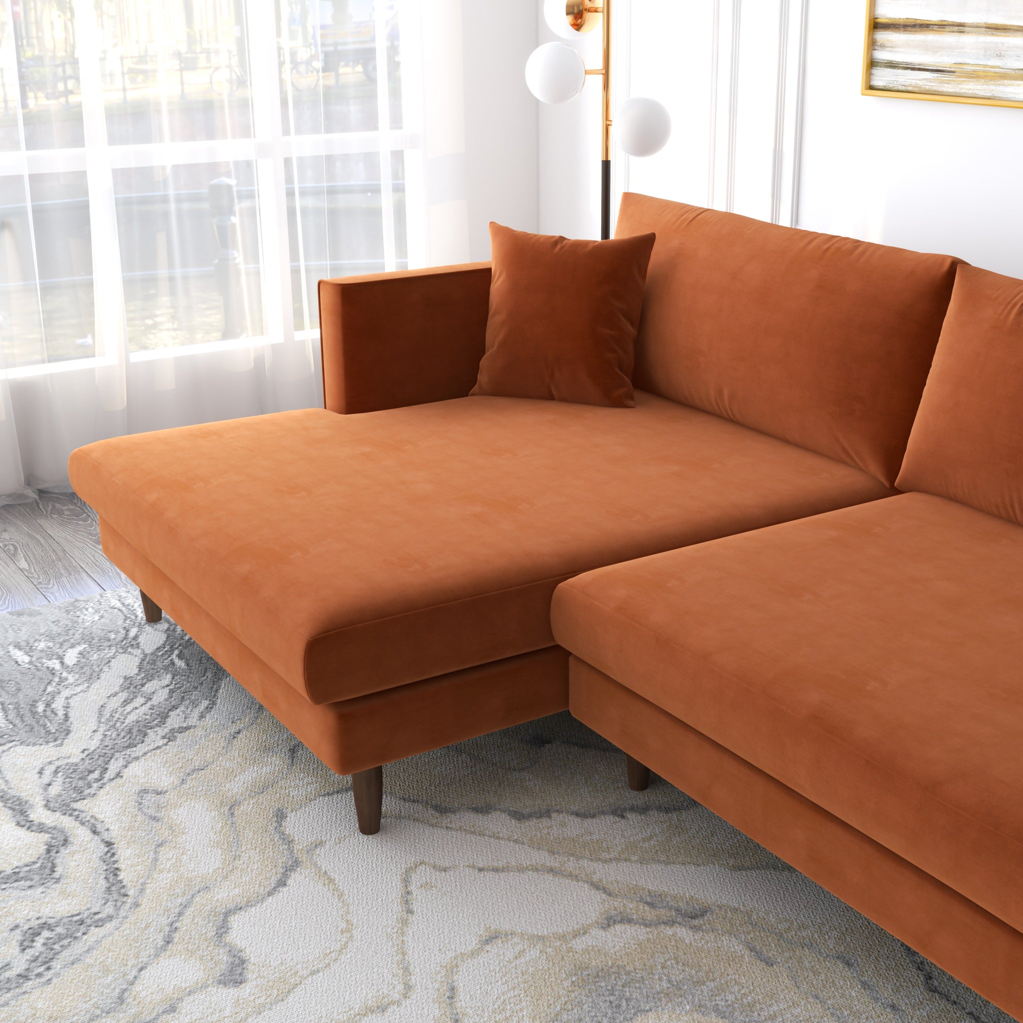 Delano Burnt Orange Velvet Sectional Sofa Left Facing Chaise - MidinMod