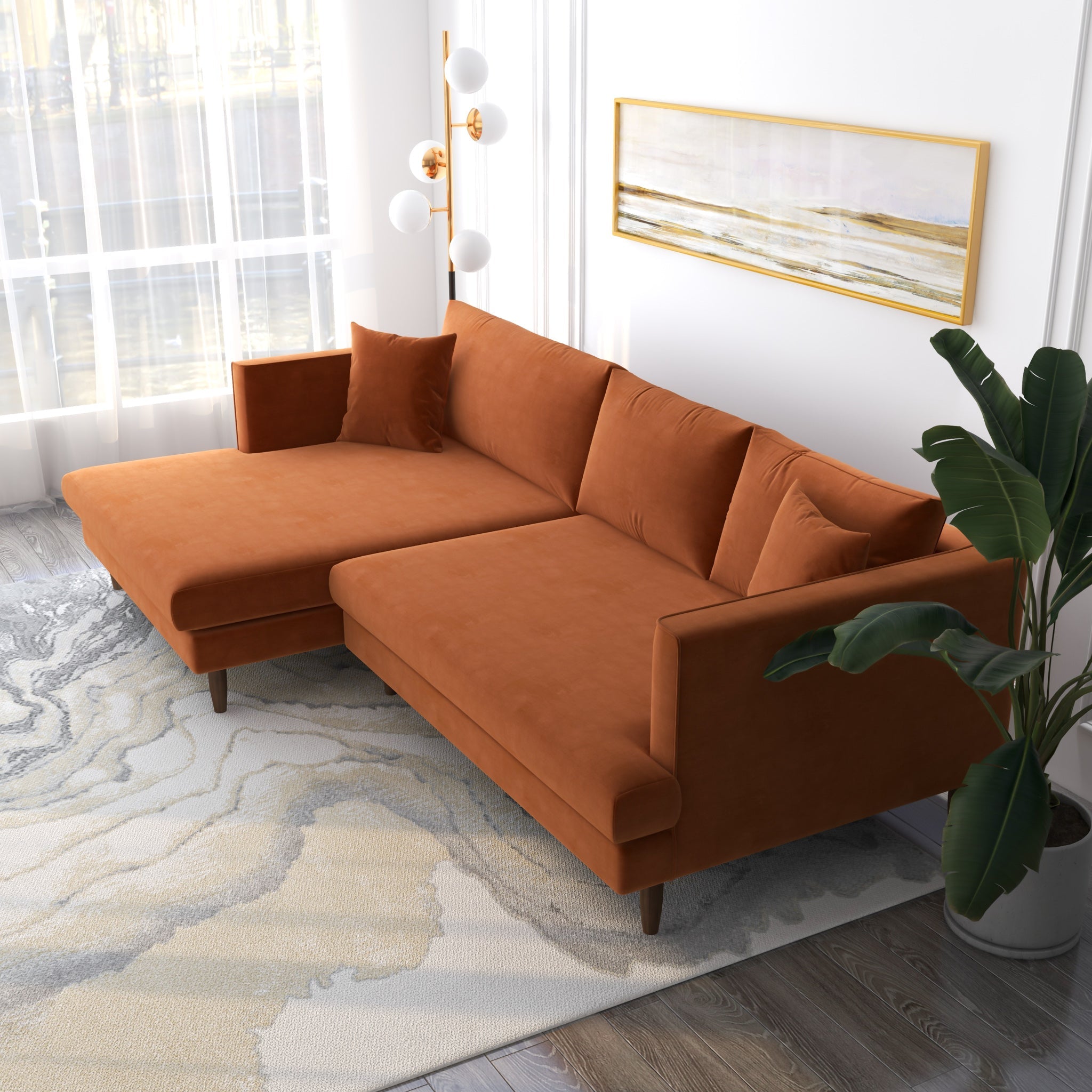 Delano Burnt Orange Velvet Sectional Sofa Left Facing Chaise - MidinMod