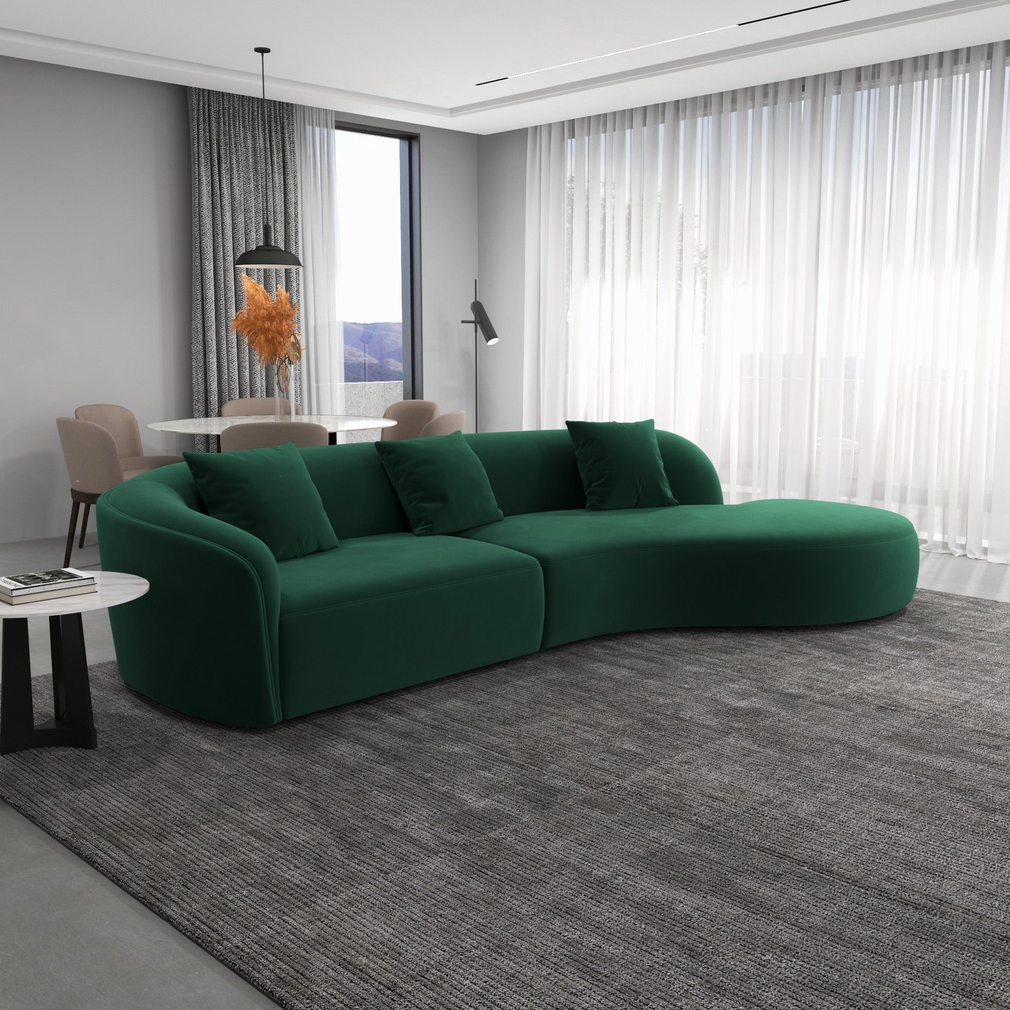 Galleria Dark Green Velvet Curvy Sectional Sofa - MidinMod