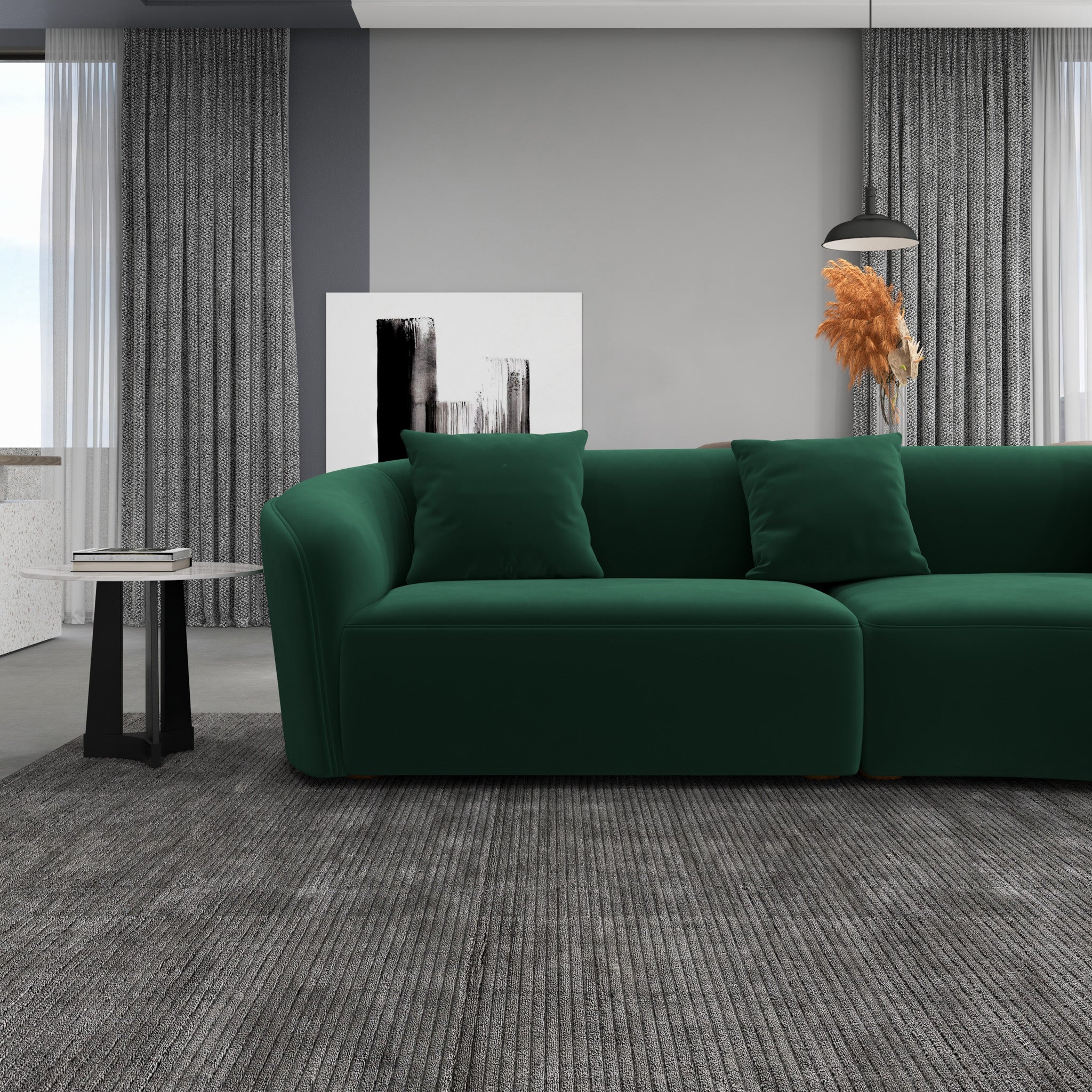 Galleria Dark Green Velvet Curvy Sectional Sofa - MidinMod