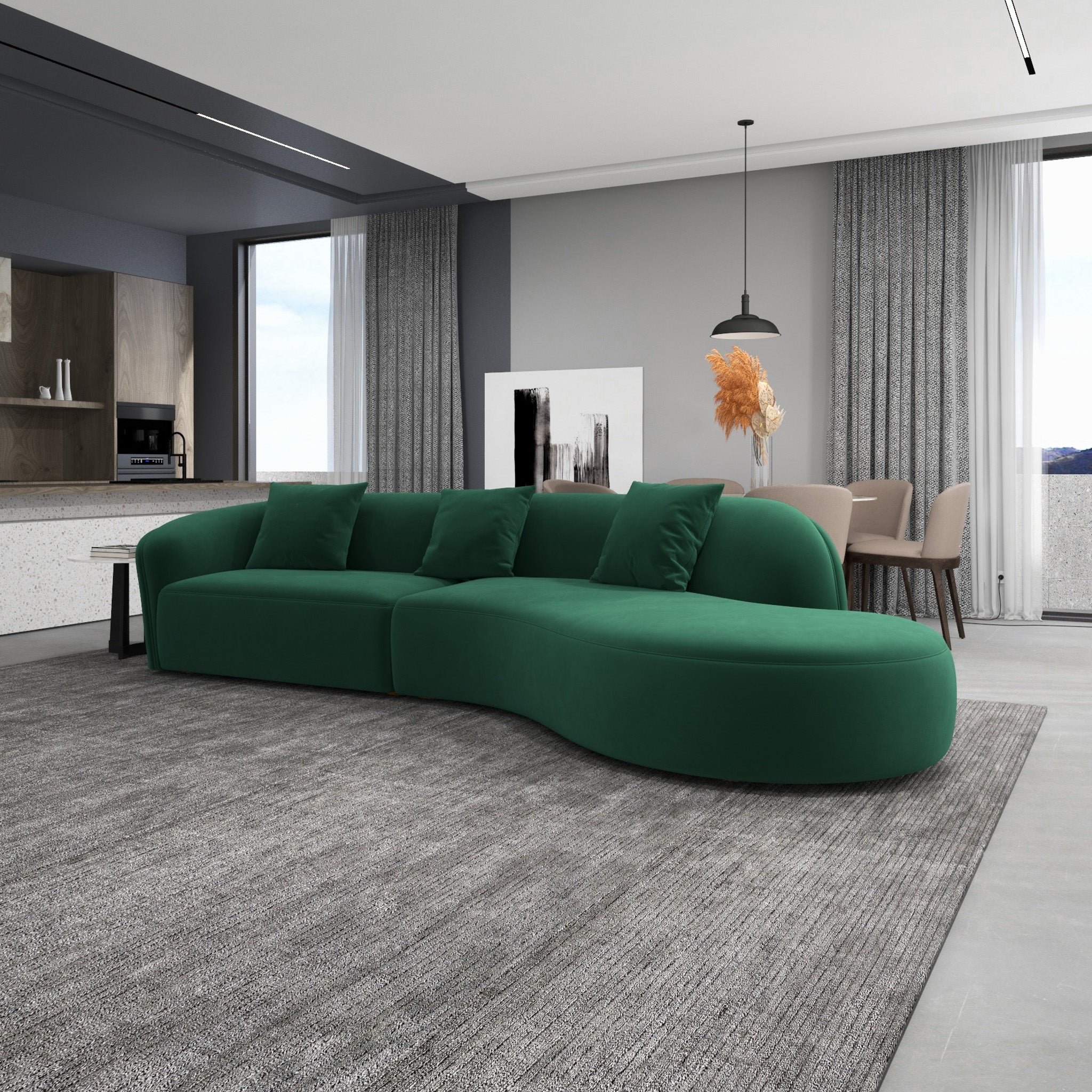 Galleria Dark Green Velvet Curvy Sectional Sofa - MidinMod