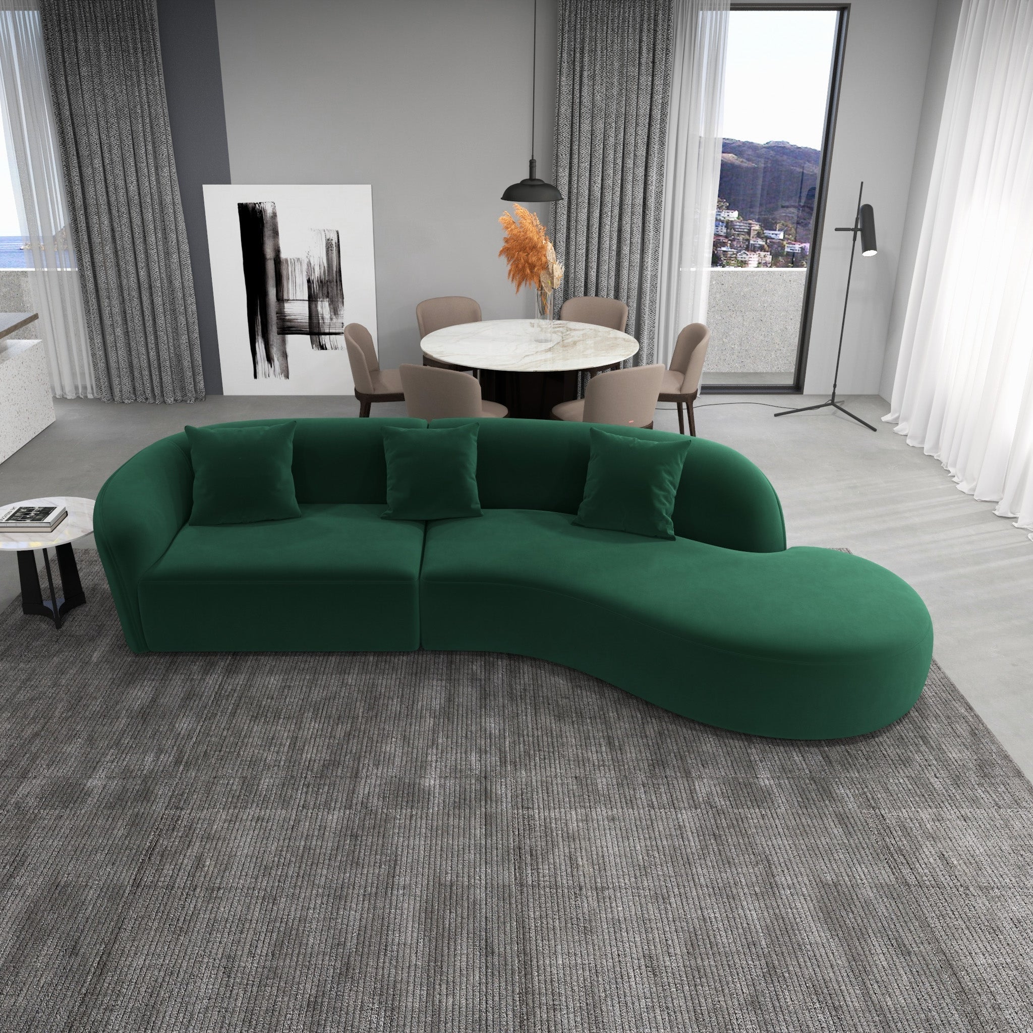 Galleria Dark Green Velvet Curvy Sectional Sofa - MidinMod