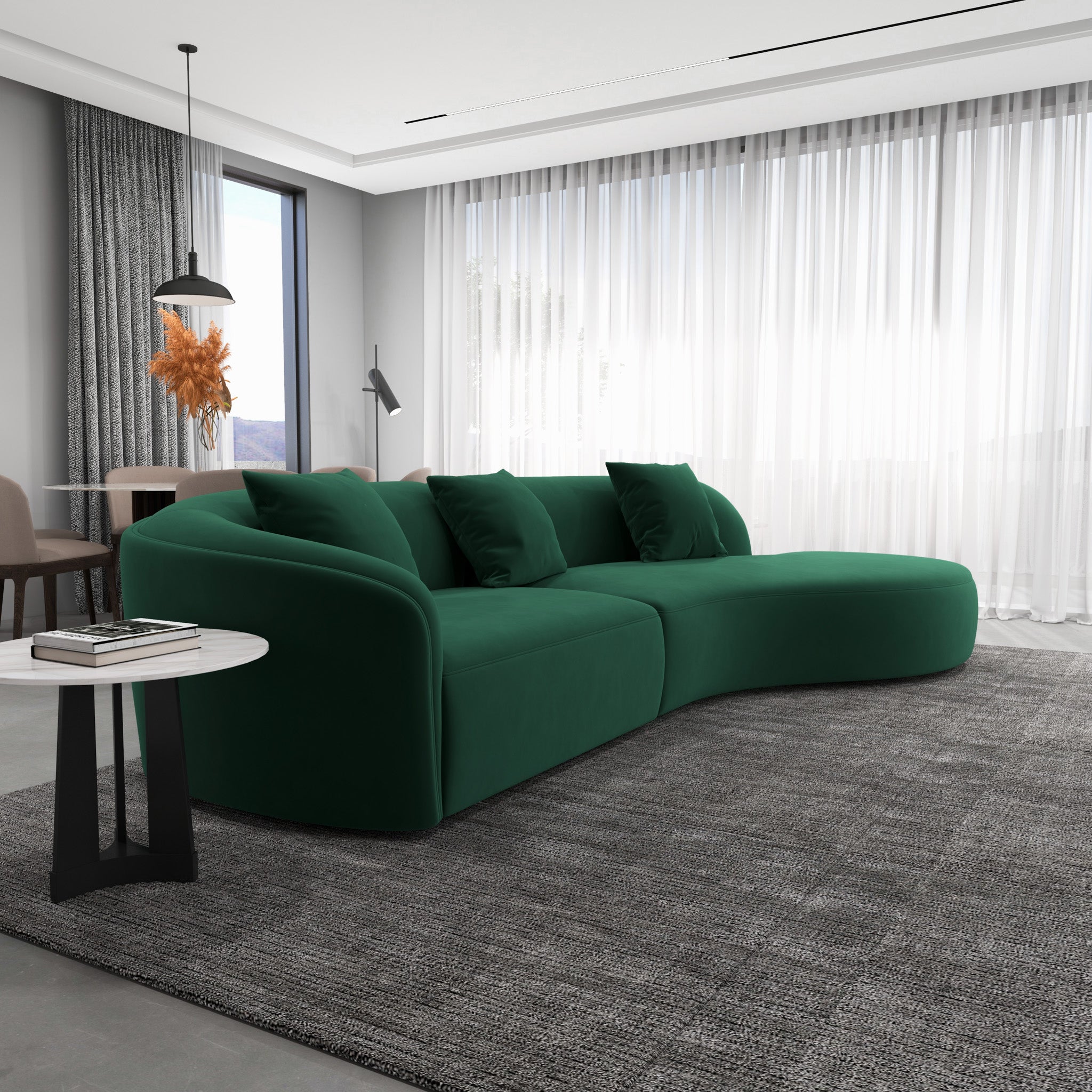 Galleria Dark Green Velvet Curvy Sectional Sofa - MidinMod