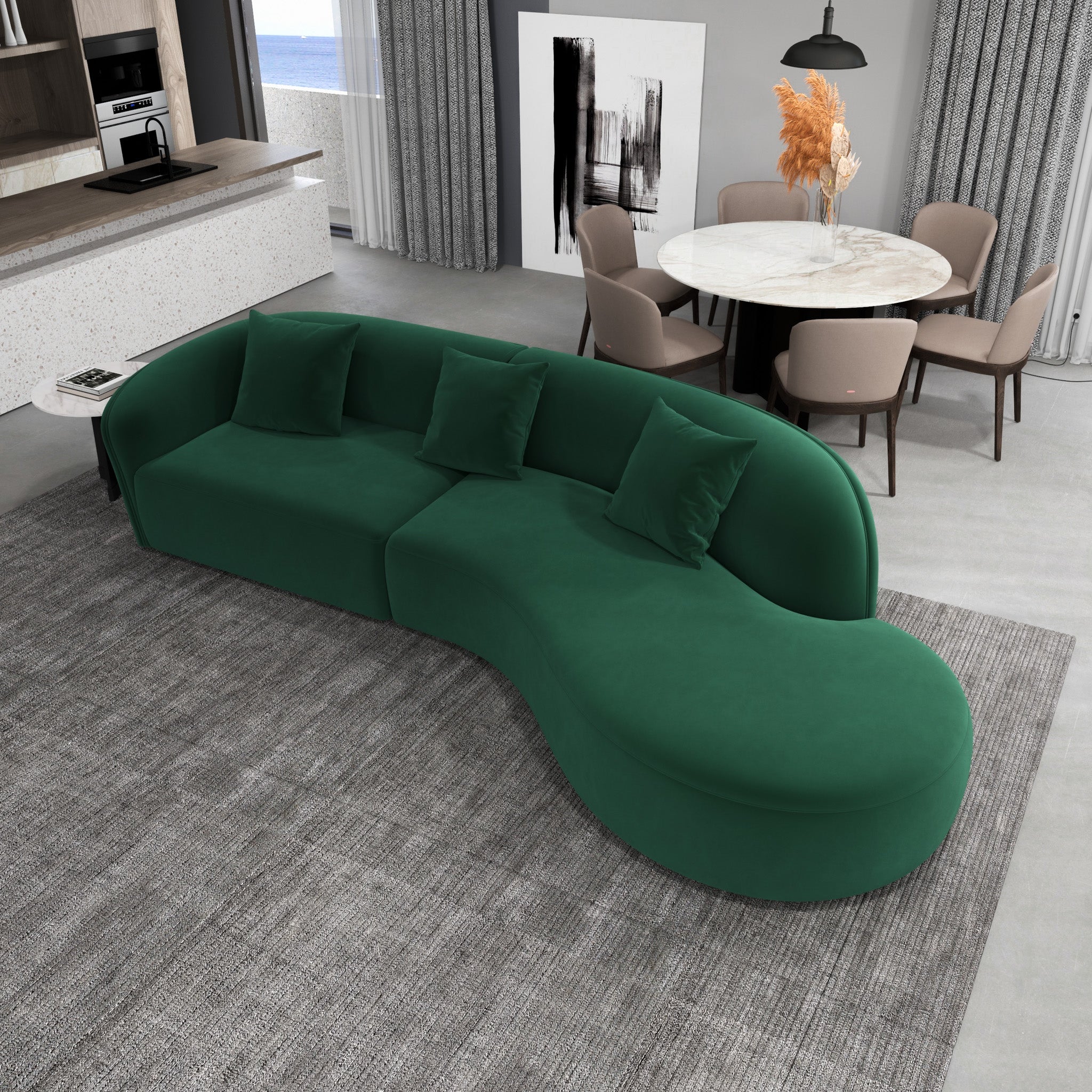 Galleria Dark Green Velvet Curvy Sectional Sofa - MidinMod