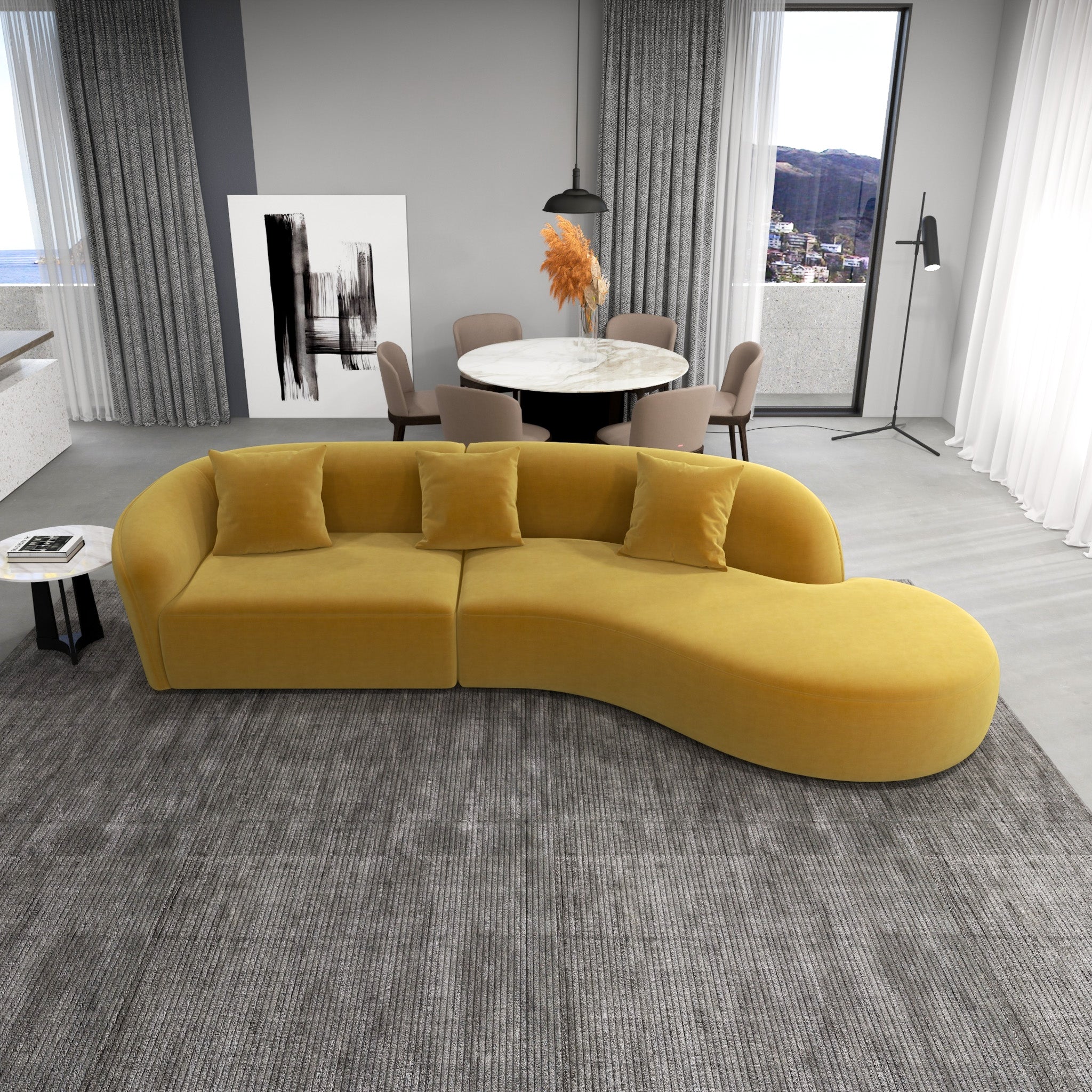 Galleria Japandi Style Curvy Sectional Sofa Gold Velvet - MidinMod