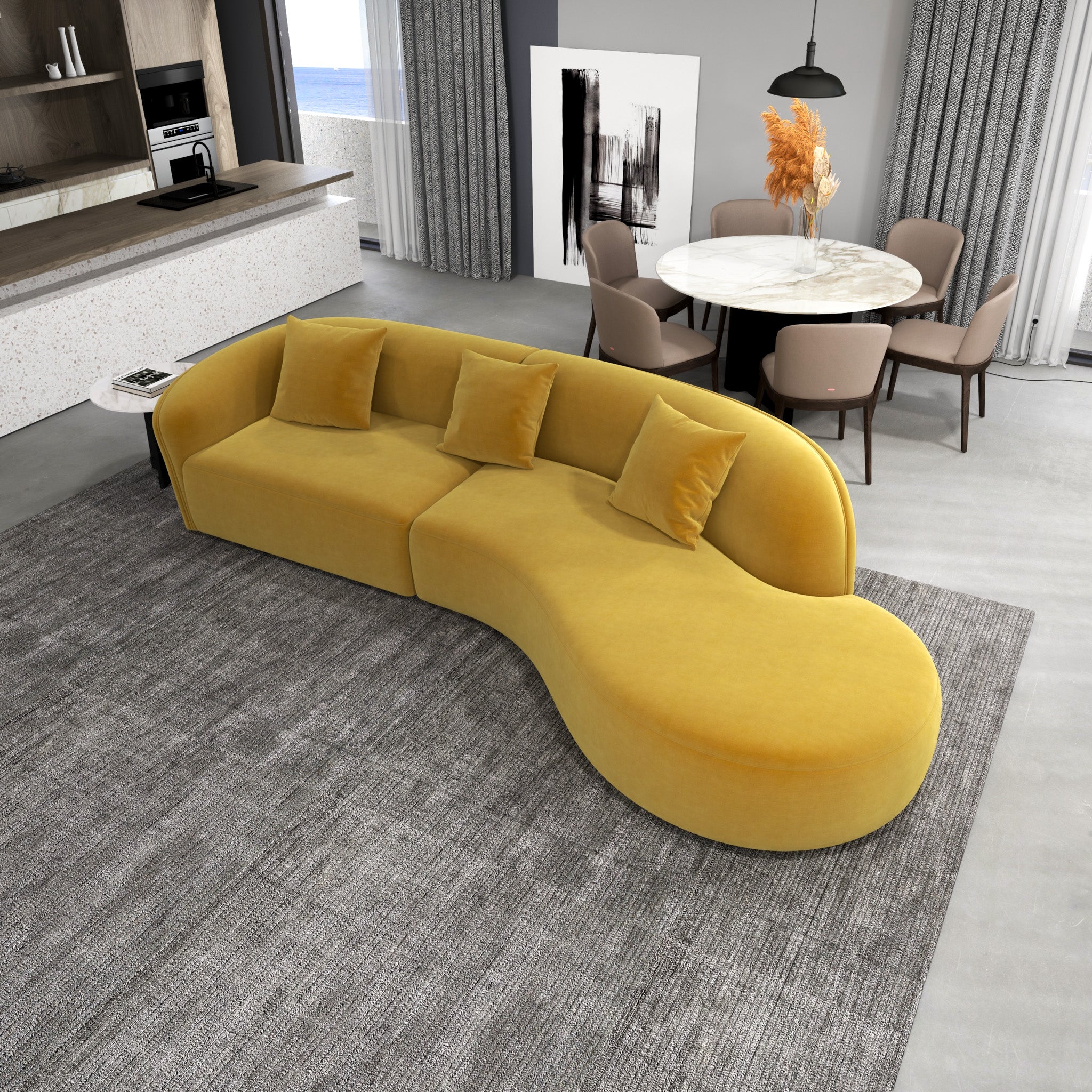 Galleria Japandi Style Curvy Sectional Sofa Gold Velvet - MidinMod