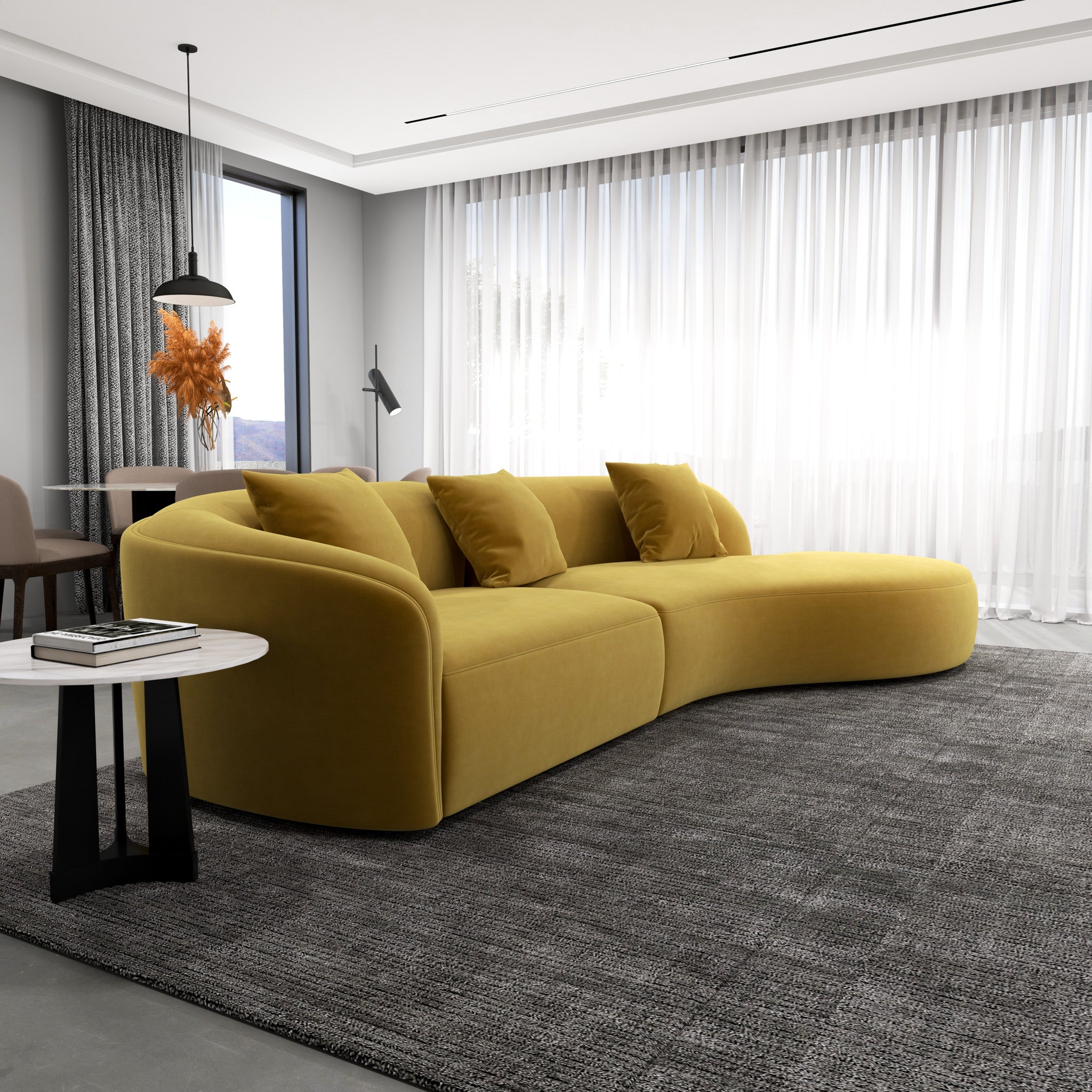Galleria Japandi Style Curvy Sectional Sofa Gold Velvet - MidinMod