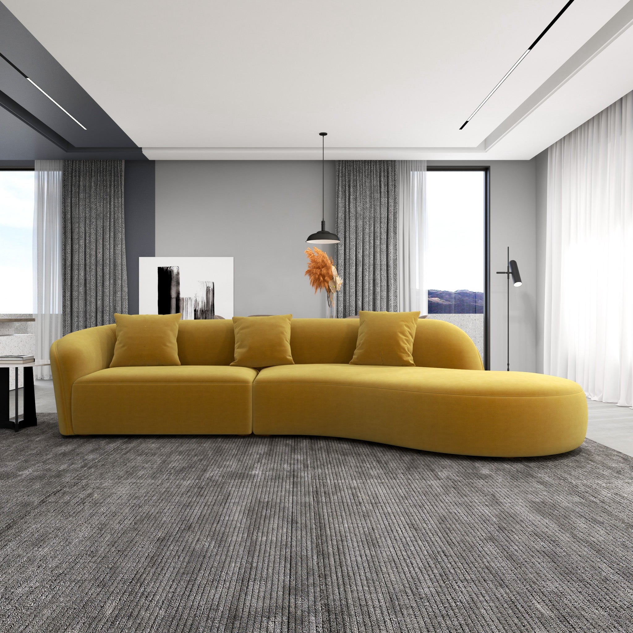 Galleria Japandi Style Curvy Sectional Sofa Gold Velvet - MidinMod