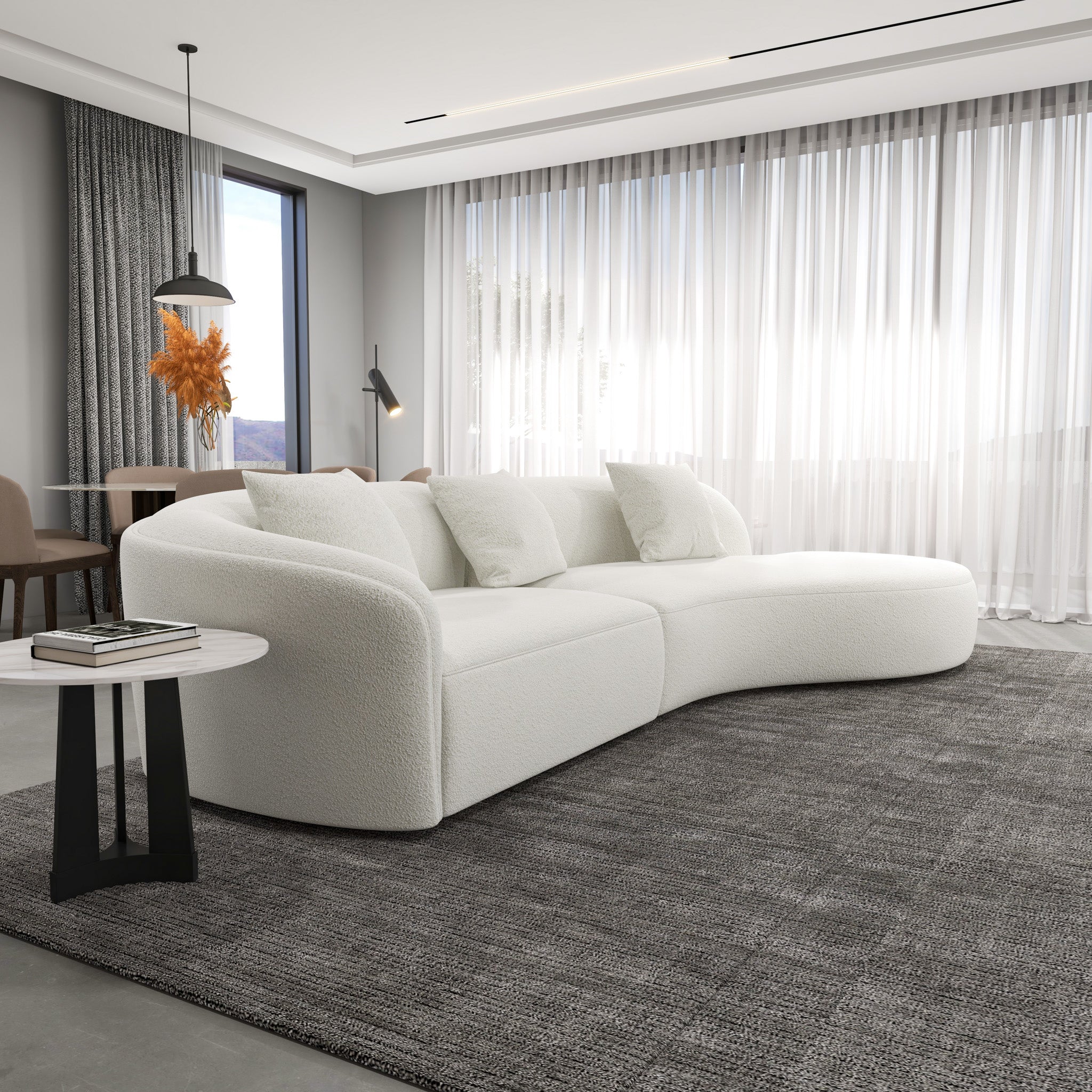 Galleria Japandi Style Curvy White Boucle Sectional Sofa - MidinMod