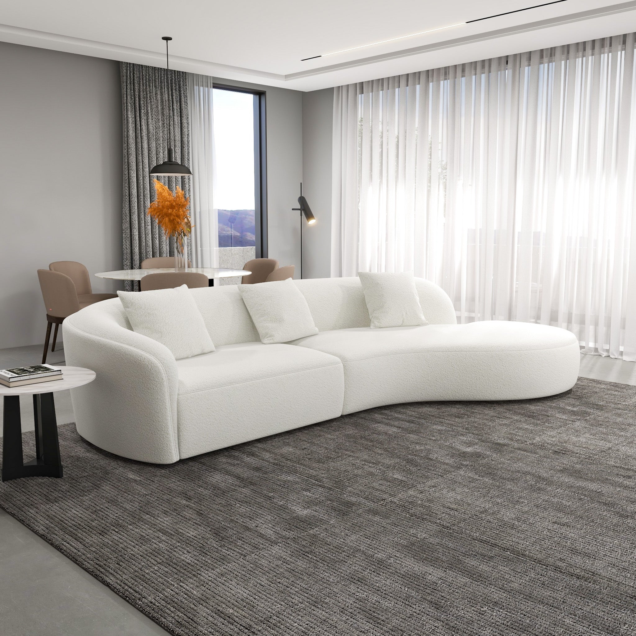 Galleria Japandi Style Curvy White Boucle Sectional Sofa - MidinMod