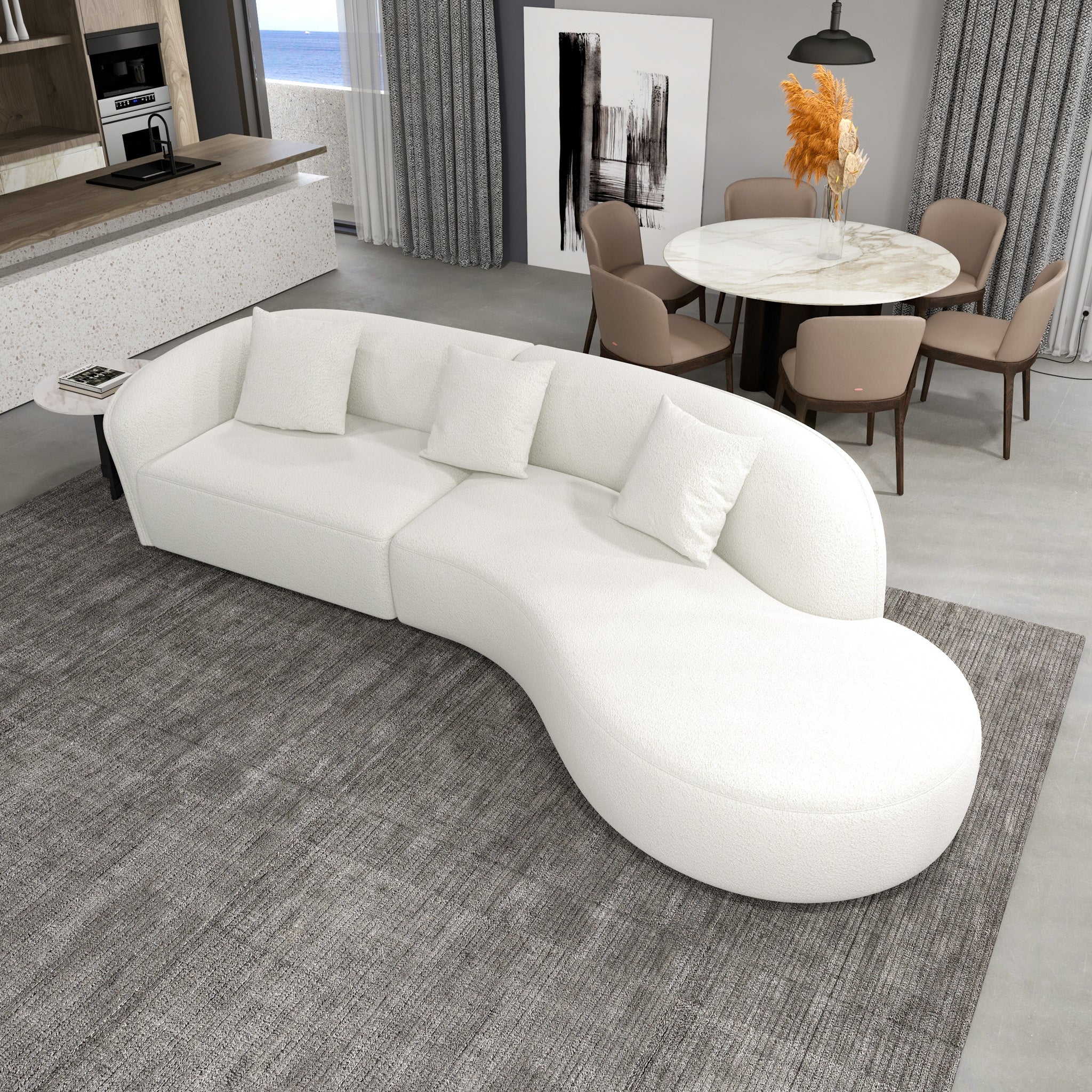 Galleria Japandi Style Curvy White Boucle Sectional Sofa - MidinMod