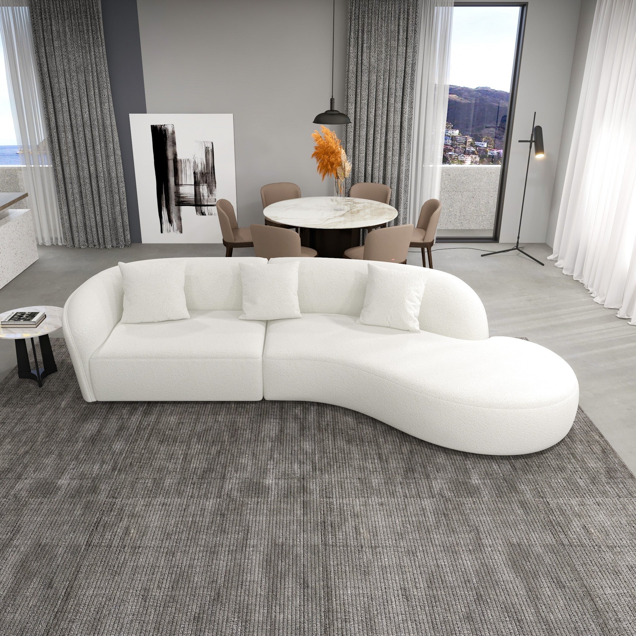 Galleria Japandi Style Curvy White Boucle Sectional Sofa - MidinMod