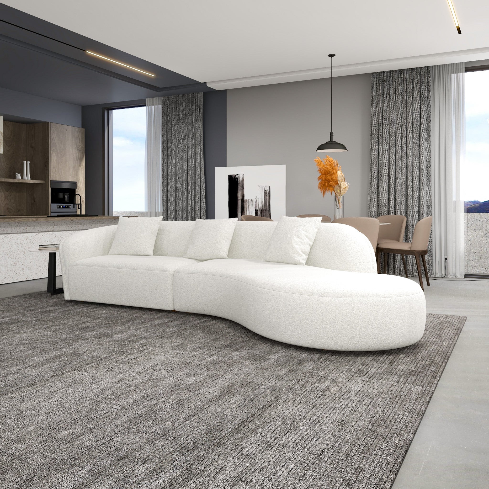 Galleria Japandi Style Curvy White Boucle Sectional Sofa - MidinMod