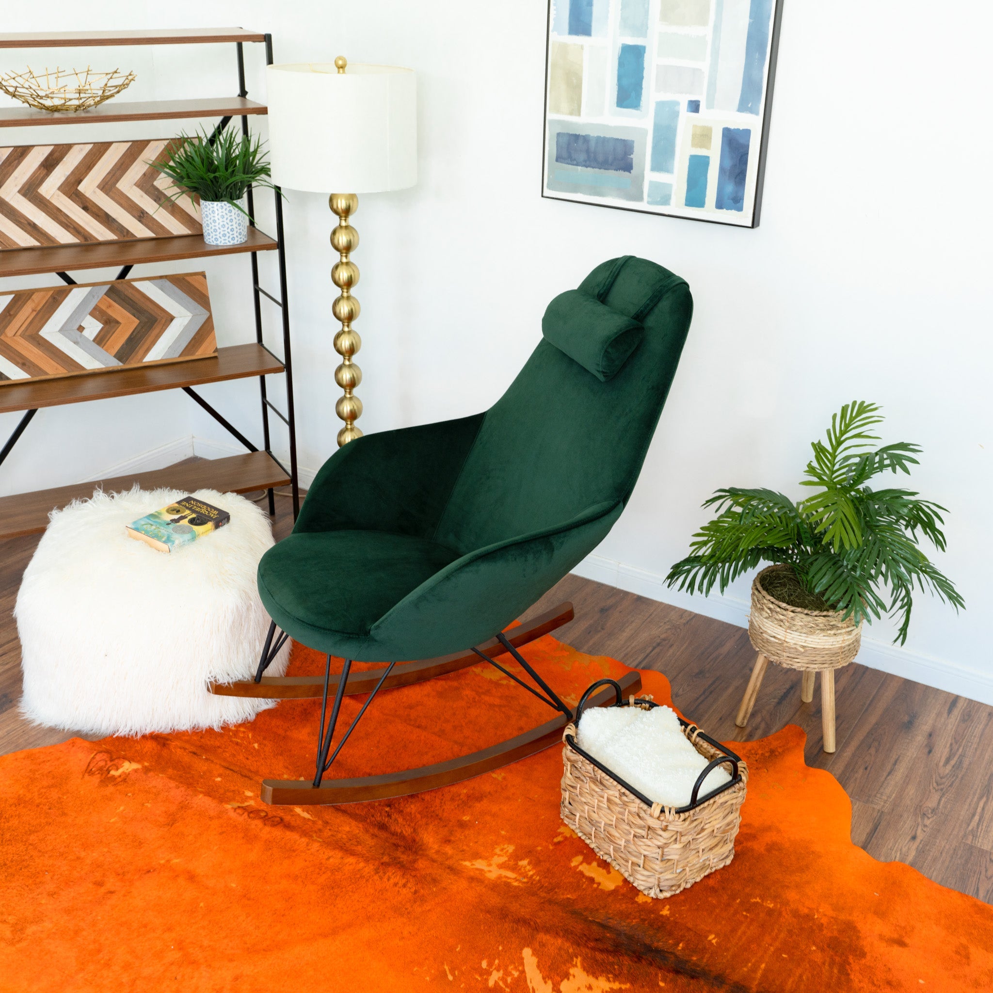 Ingrid Green Velvet Rocking Chair | Mid-Century Modern High Back Rocker | MidinMod
