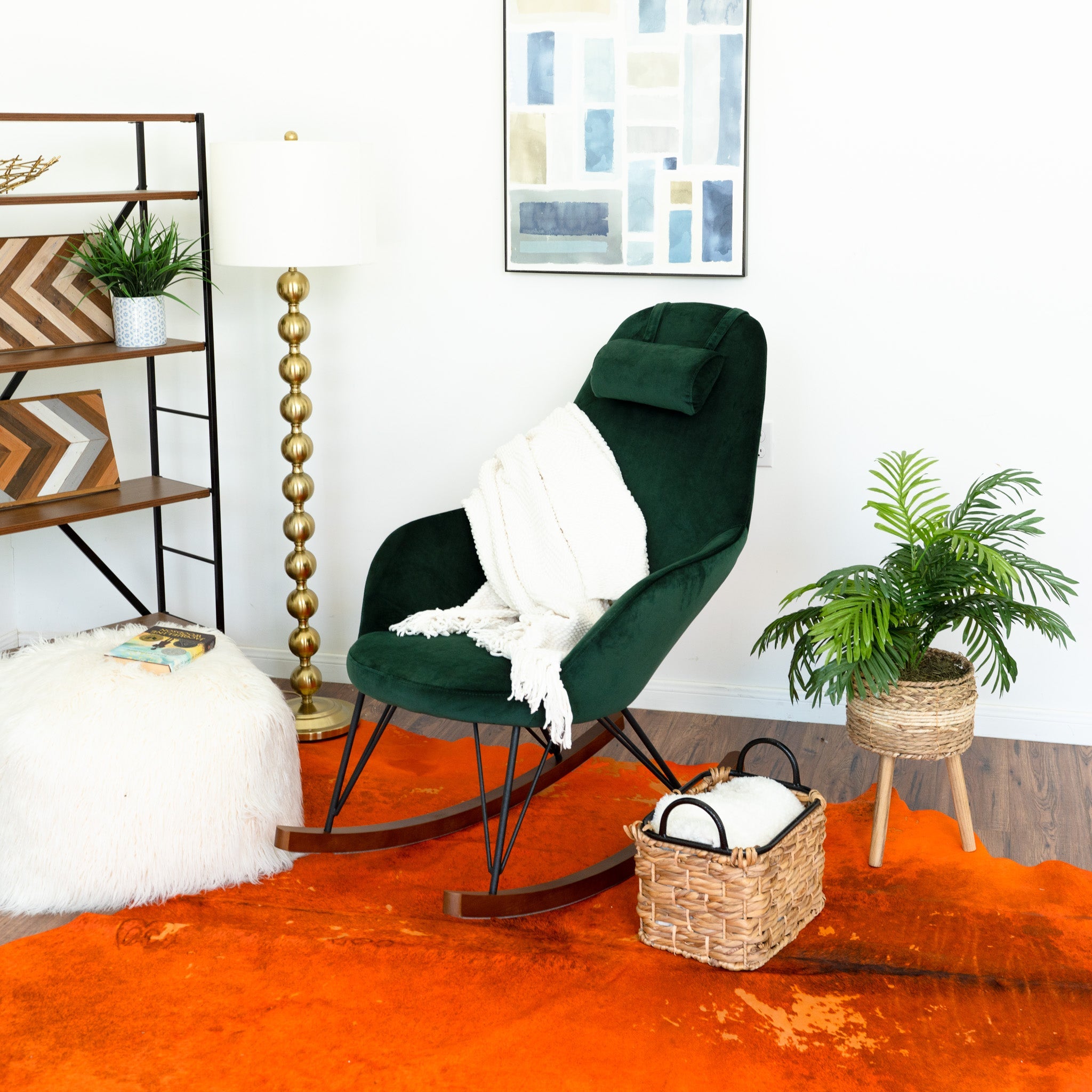 Ingrid Green Velvet Rocking Chair | Mid-Century Modern High Back Rocker | MidinMod
