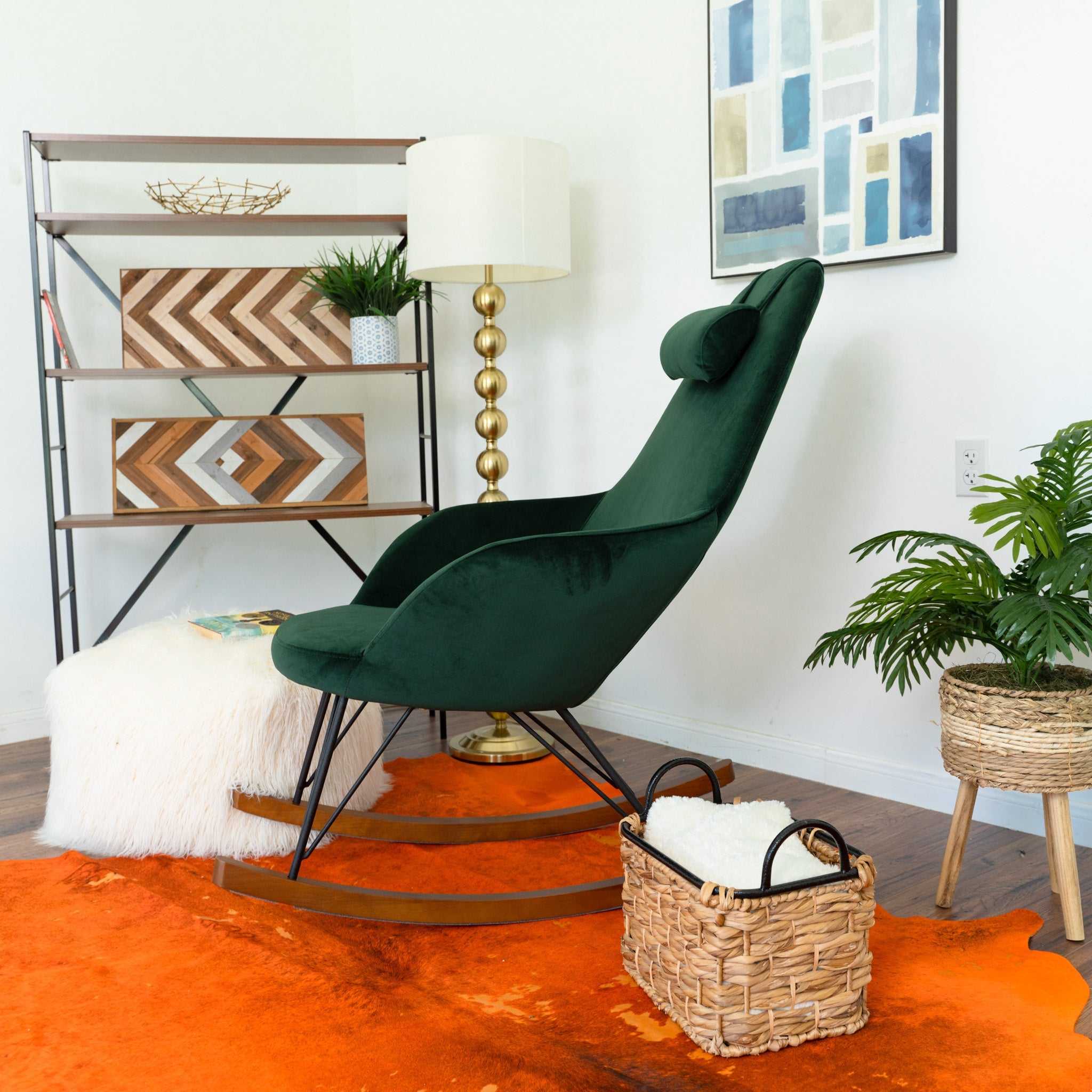 Ingrid Green Velvet Rocking Chair | Mid-Century Modern High Back Rocker | MidinMod