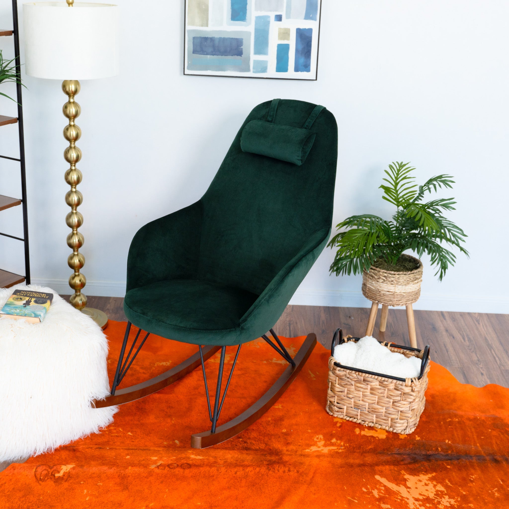 Ingrid Green Velvet Rocking Chair | Mid-Century Modern High Back Rocker | MidinMod