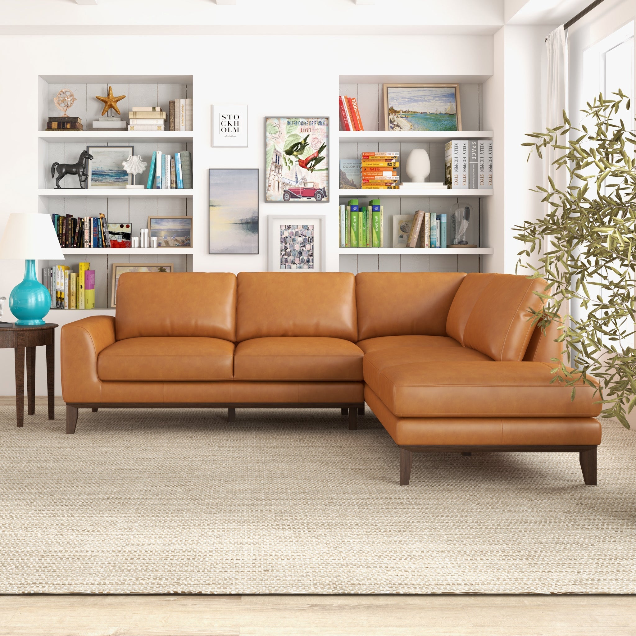 Mayfair Tan Leather Sectional Right Facing Chaise - MidinMod