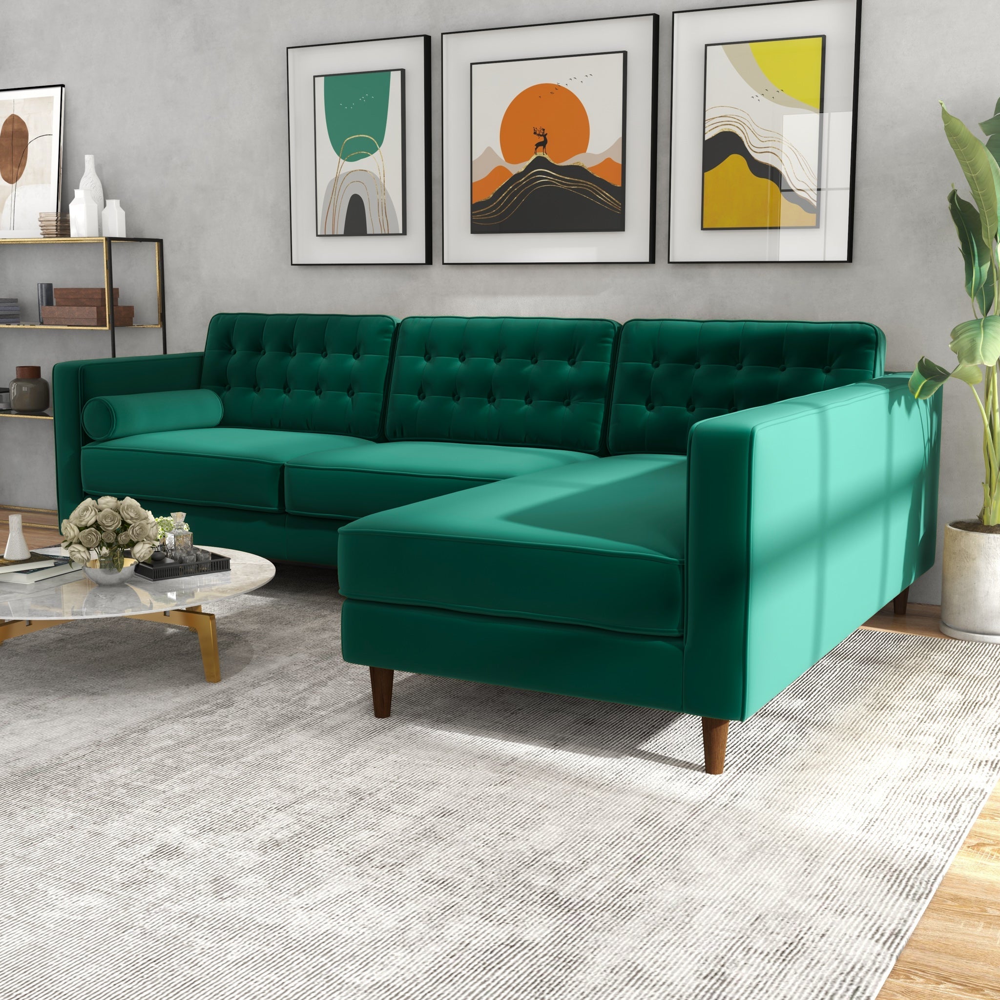 Olson Green Velvet Sectional Sofa Right Chaise - MidinMod