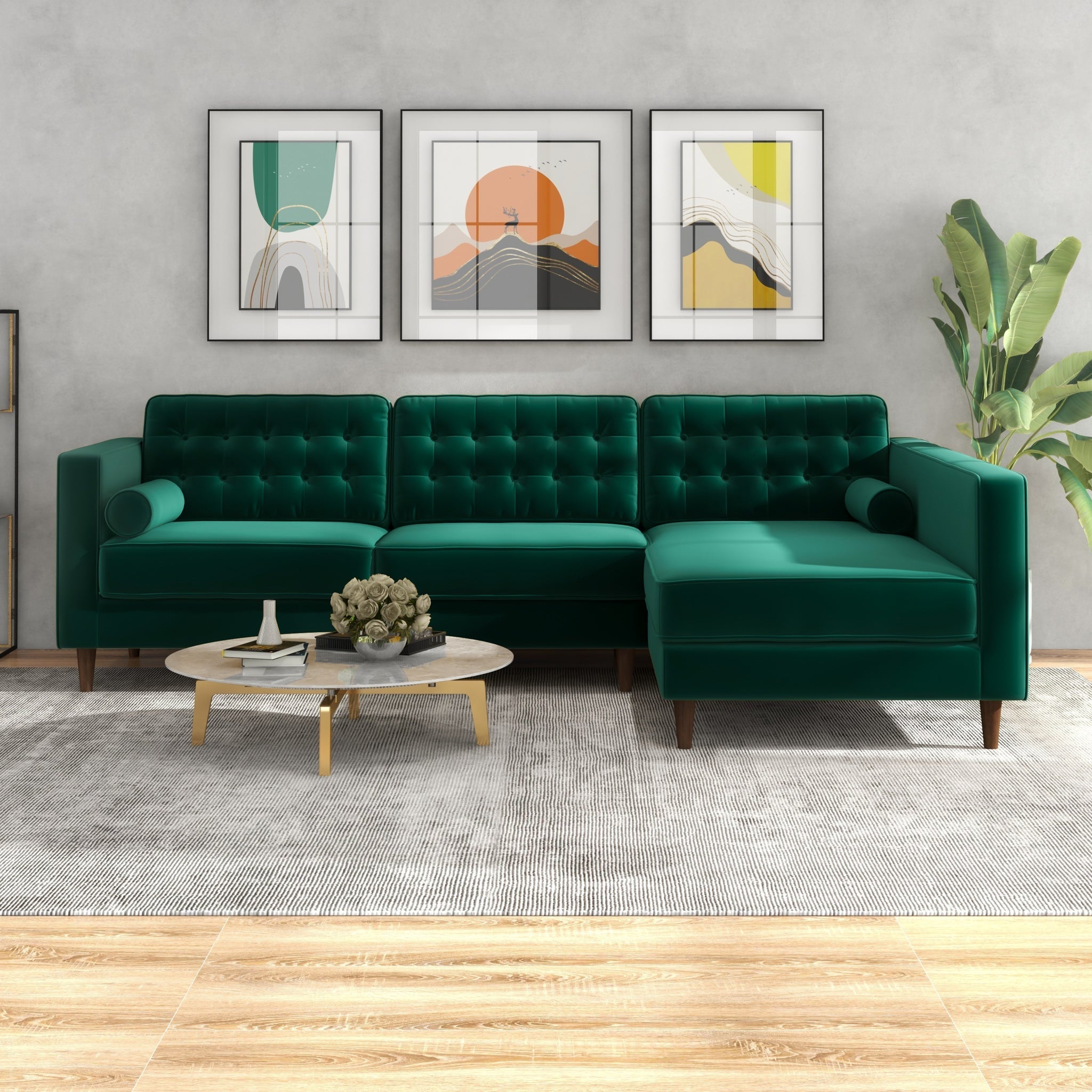 Olson Green Velvet Sectional Sofa Right Chaise - MidinMod