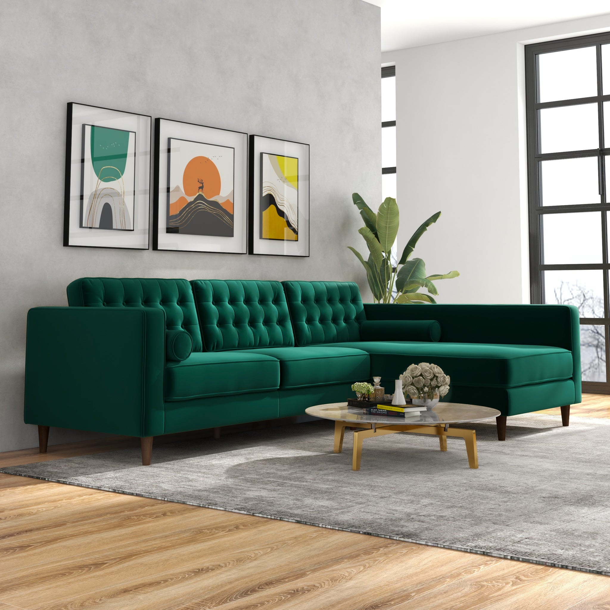 Olson Green Velvet Sectional Sofa Right Chaise - MidinMod