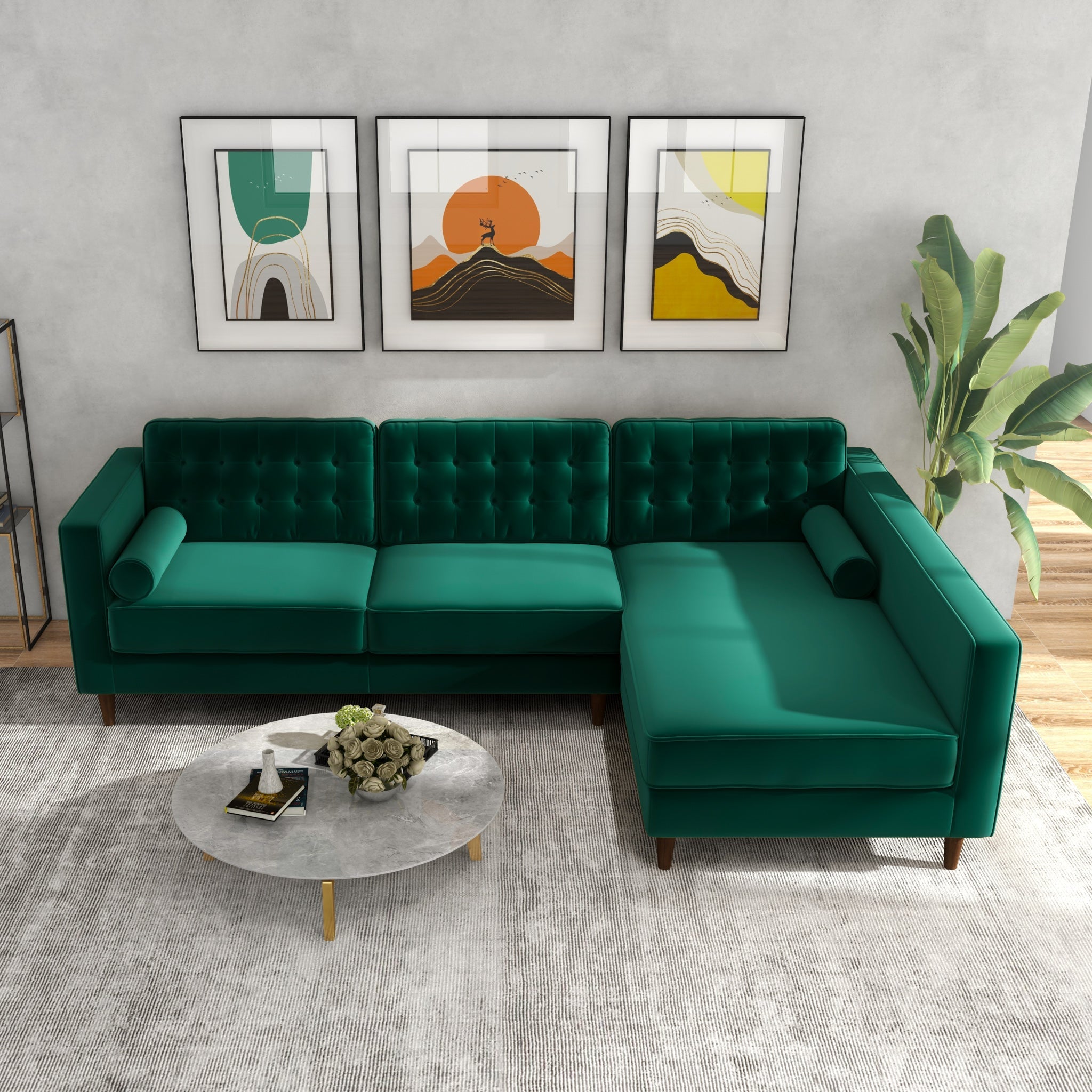 Olson Green Velvet Sectional Sofa Right Chaise - MidinMod