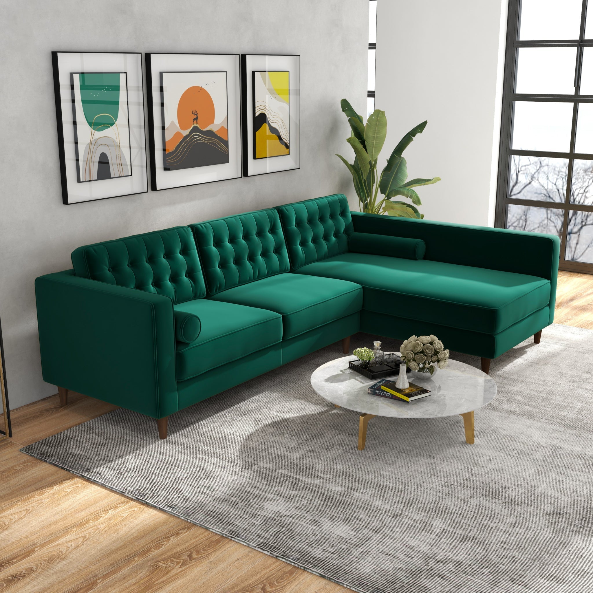Olson Green Velvet Sectional Sofa Right Chaise - MidinMod