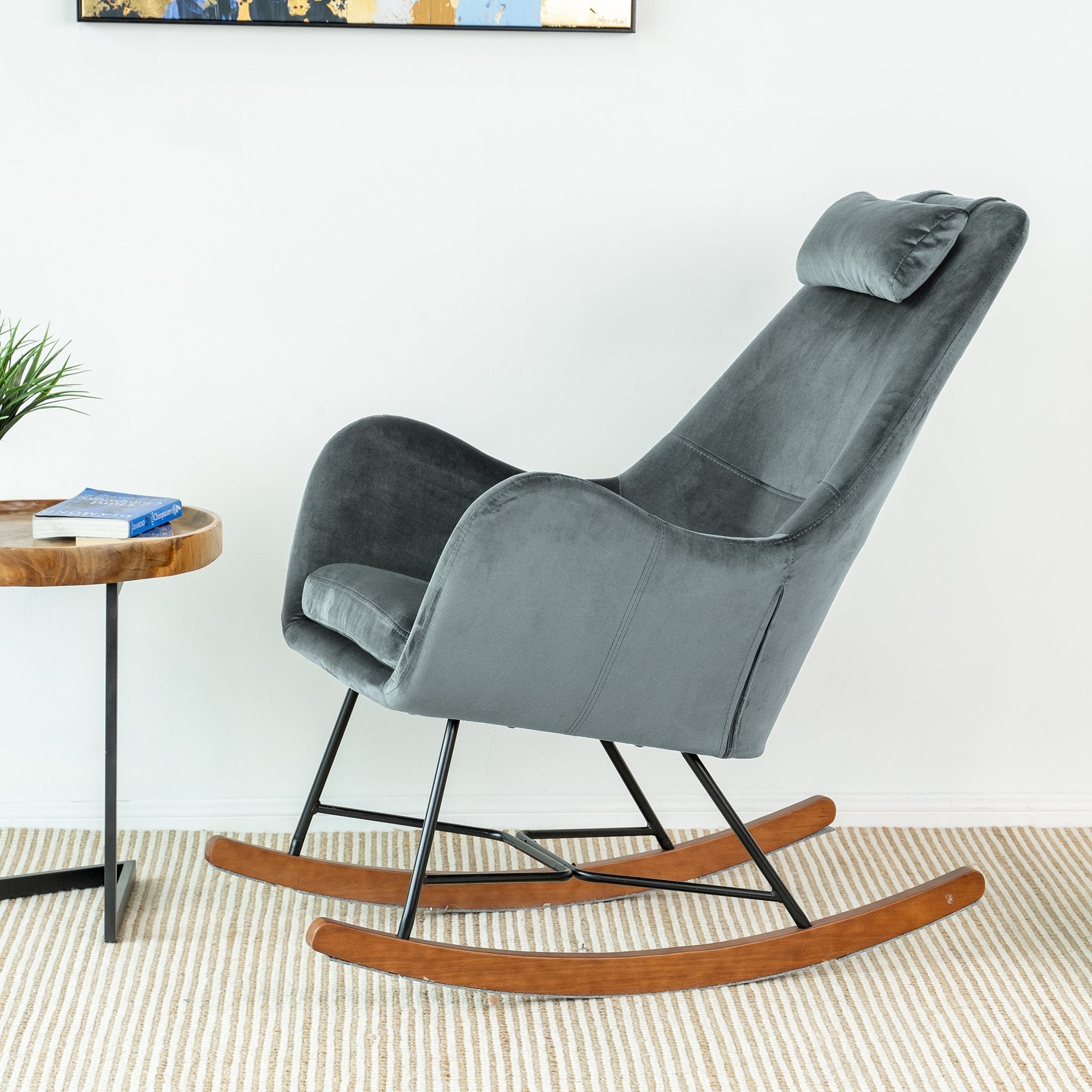 Rumi Grey Velvet Rocking Chair | Mid-Century Modern Nursery & Lounge Rocker | MidinMod