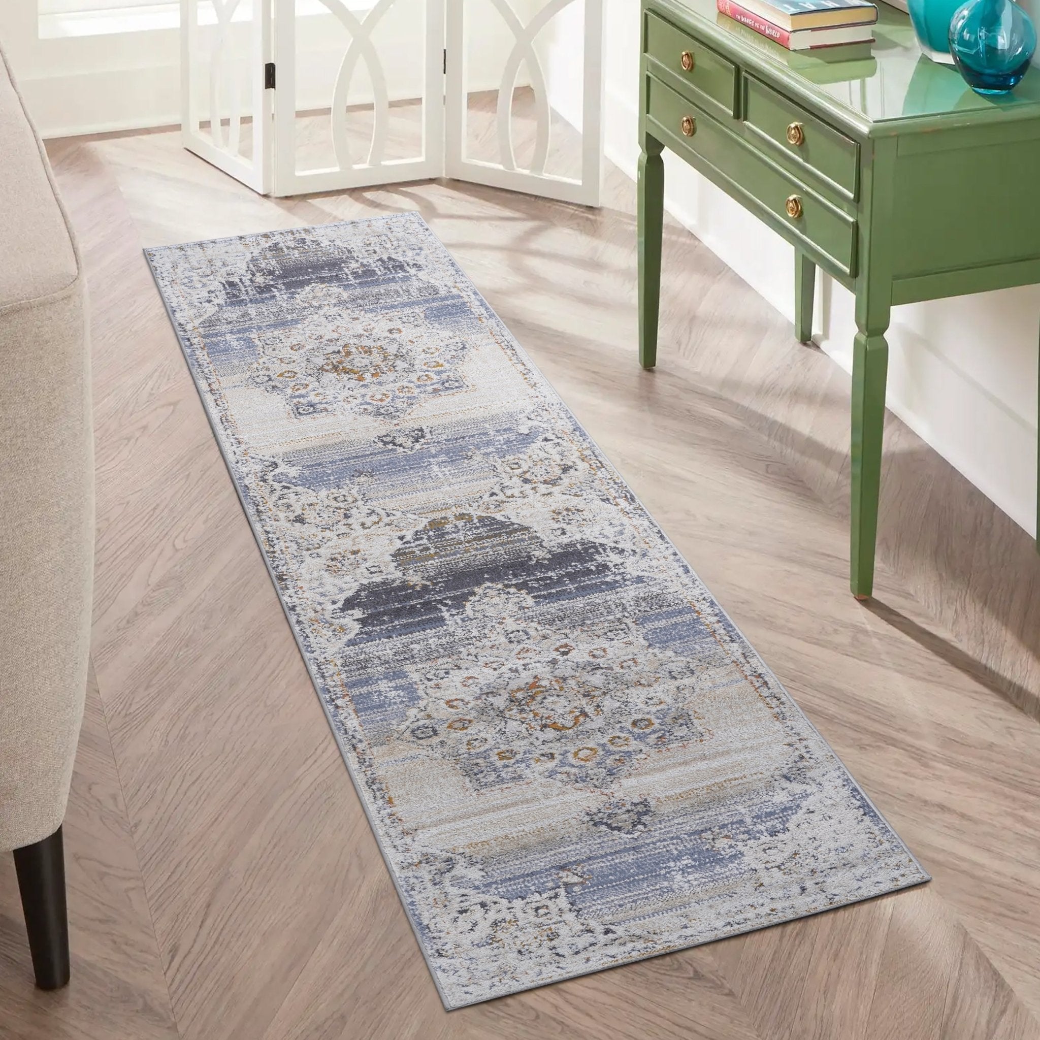 Payas Cream-Blue Runner Rug Size 2'2'' x 8' - MidinMod