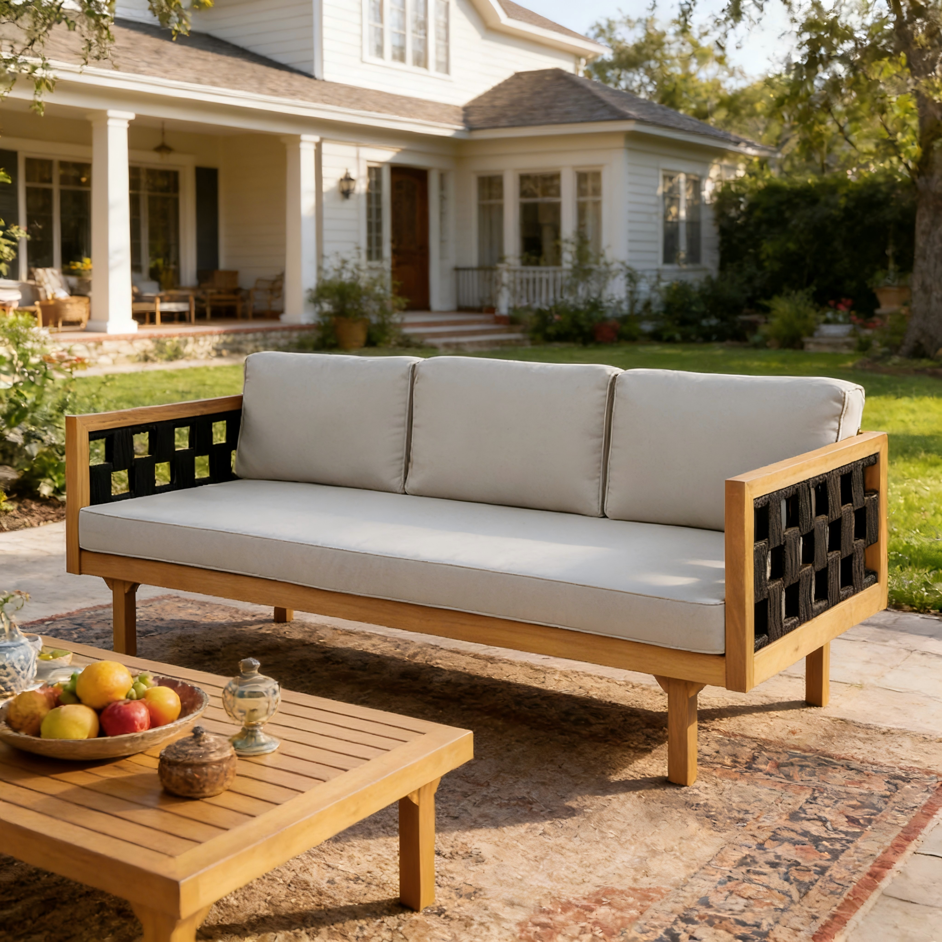 Three-Seater Outdoor Canopy Daybed Cushioned Seating - Teak