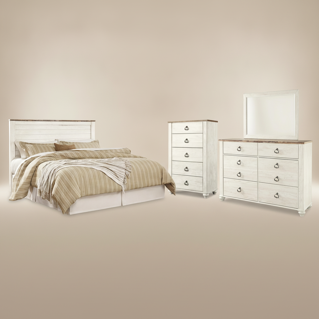 Willowton King/California King Panel Headboard Bed with Mirrored Dresser and Chest