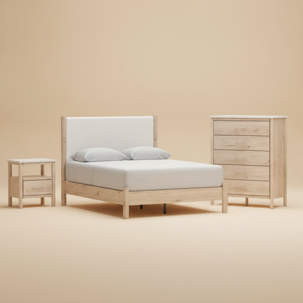 Cadmori Queen Upholstered Panel Bed with Mirrored Dresser, Chest and Nightstand