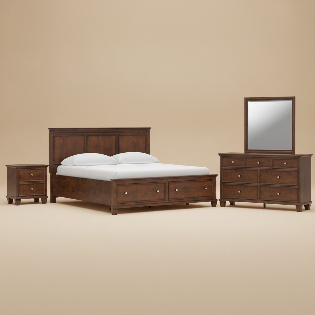Danabrin California King Panel Storage Bed, Dresser, Mirror and Nightstand