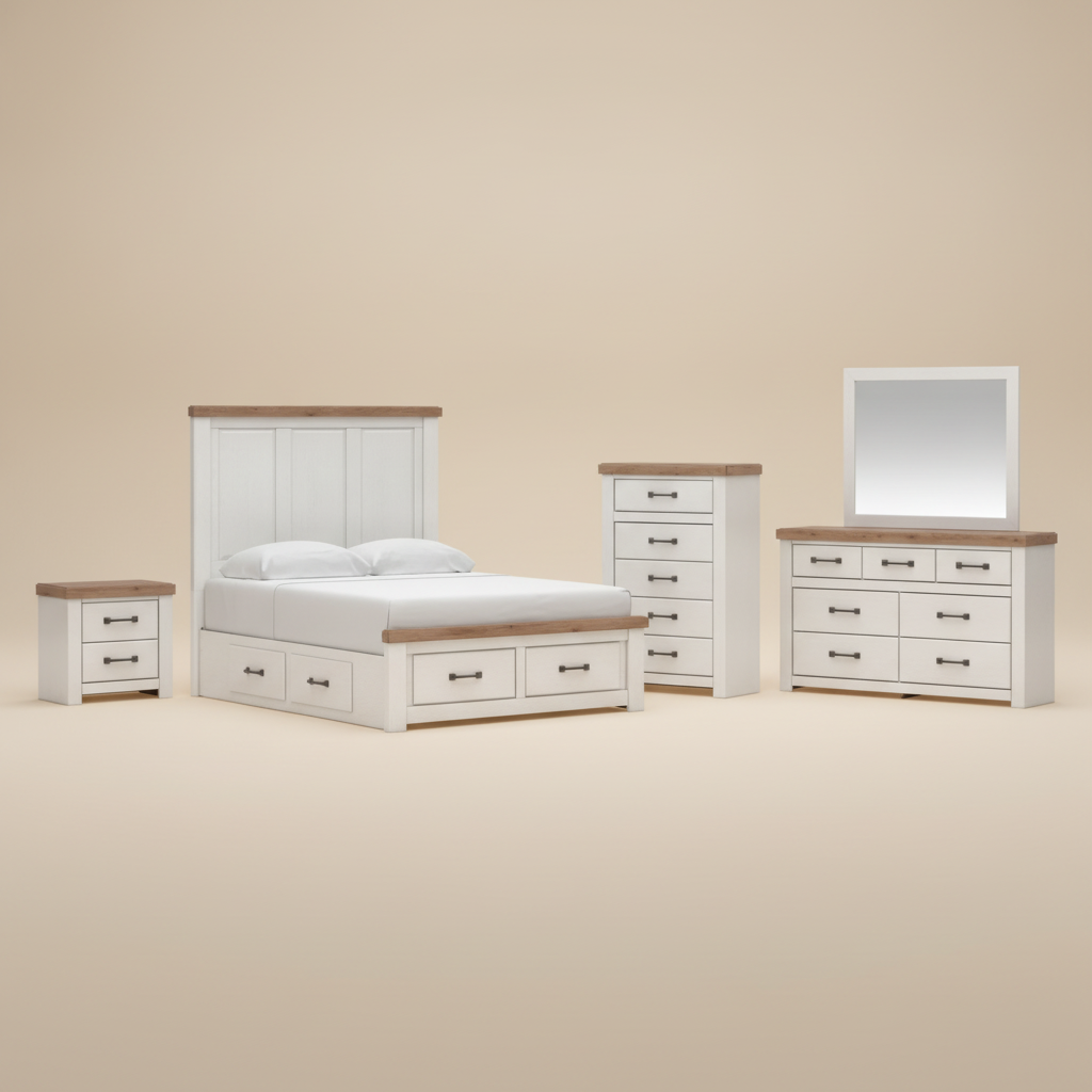 Savonport King Panel Storage Bed, Dresser, Mirror, Chest and Nightstand