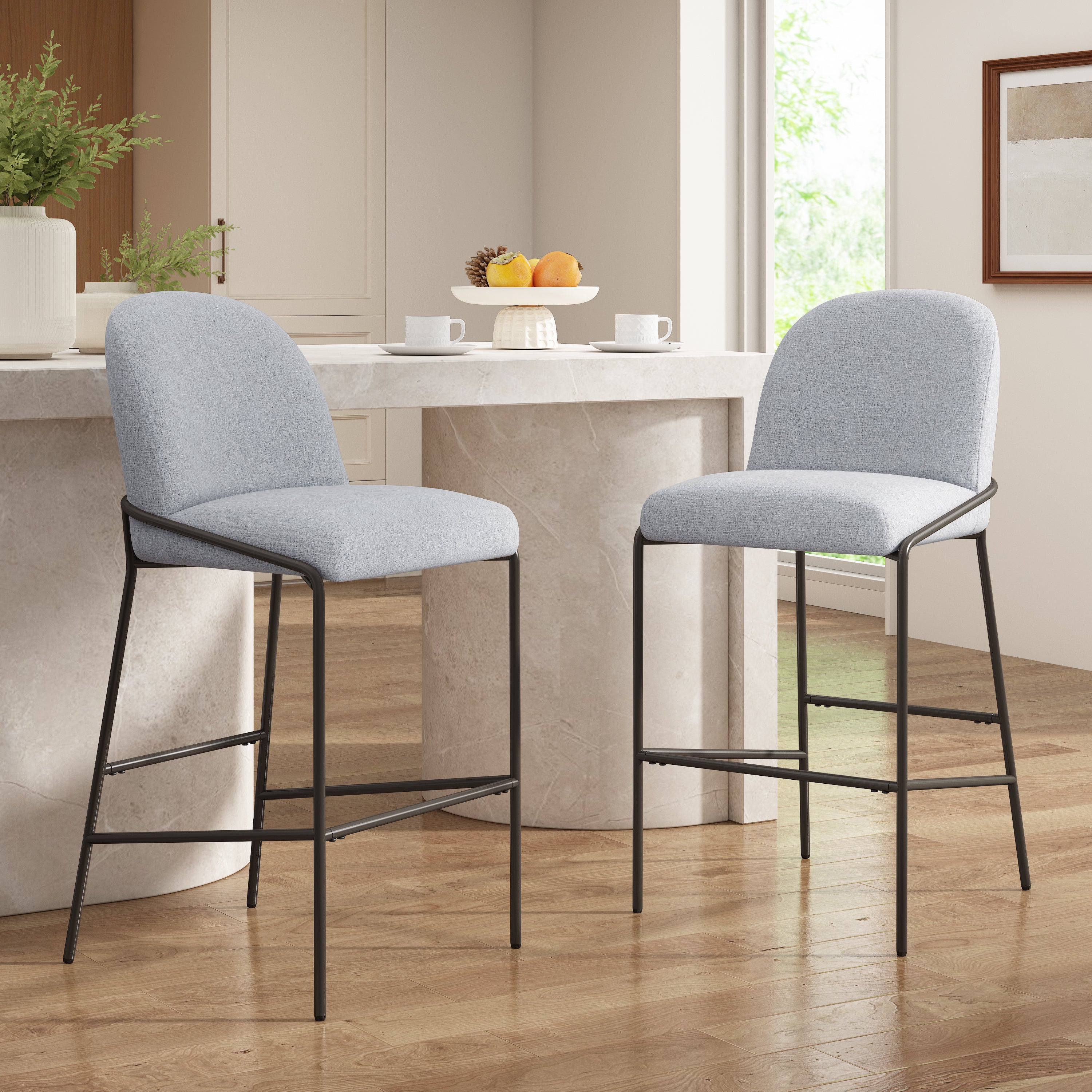 Galen Indoor Metal Upholstered Barstool, Antique Bronze Finish Frame with Gray Fabric, Set of 2