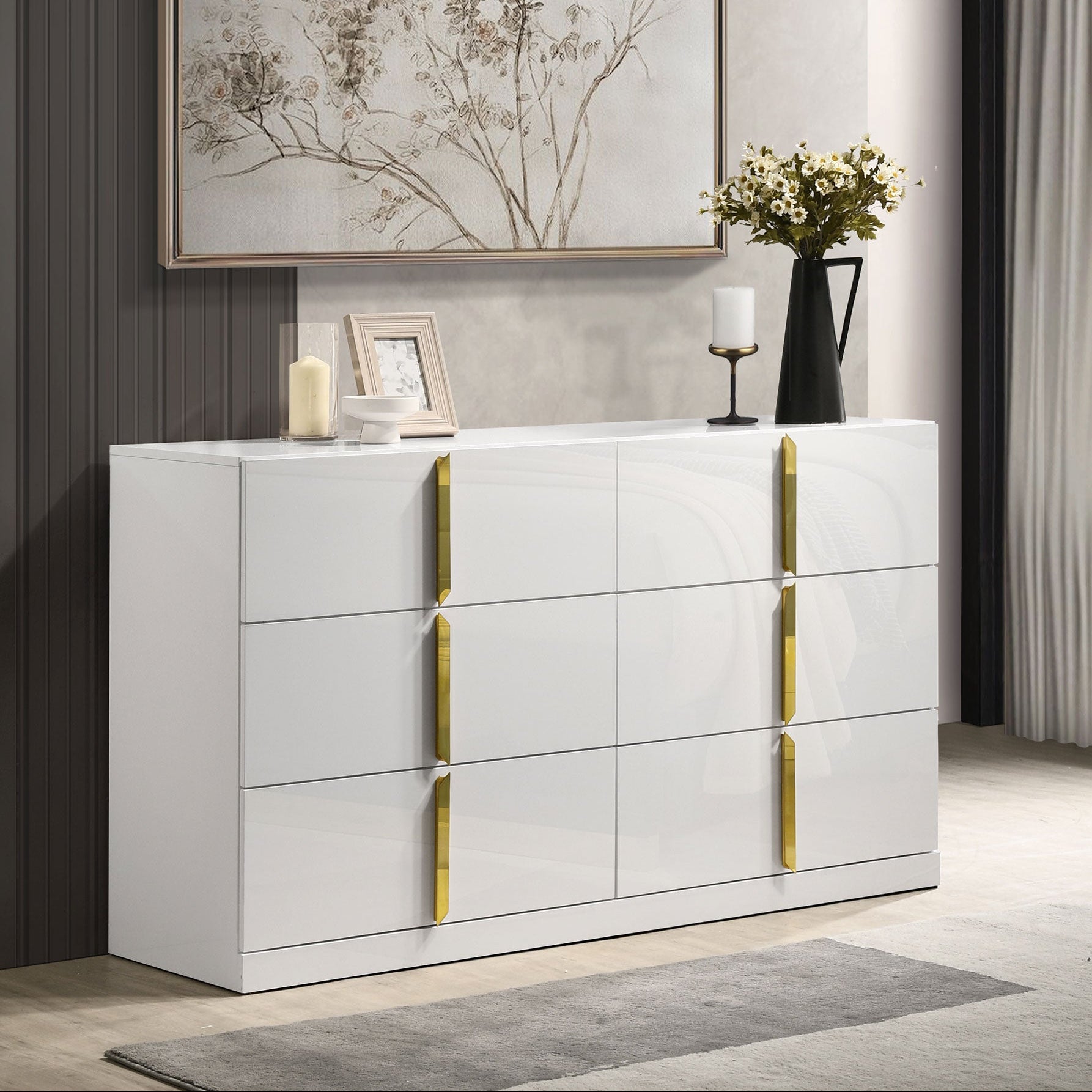 Ines 6-drawer Bedroom Dresser Cabinet White High Gloss