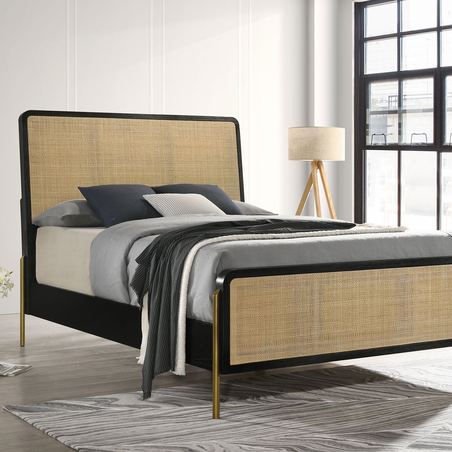 Arini Rattan California King Panel Bed Black and Natural
