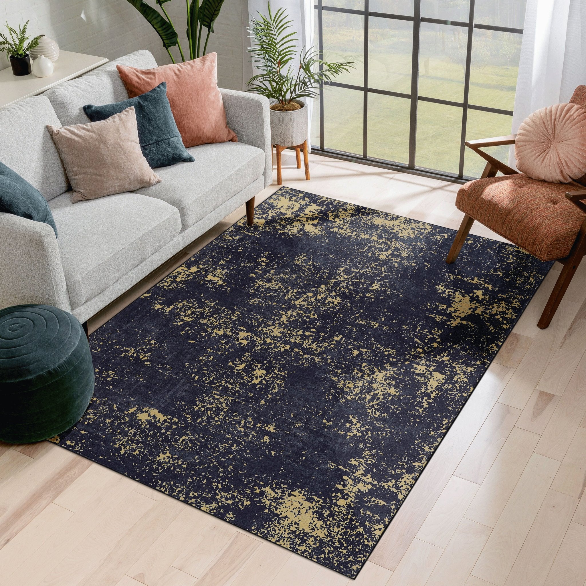 Layla 5' x 8' Black/Gold Machine Washable Low-Pile, Non-Slip, Non-Shedding, Foldable, Kid & Pet Friendly Area Rug - MidinMod