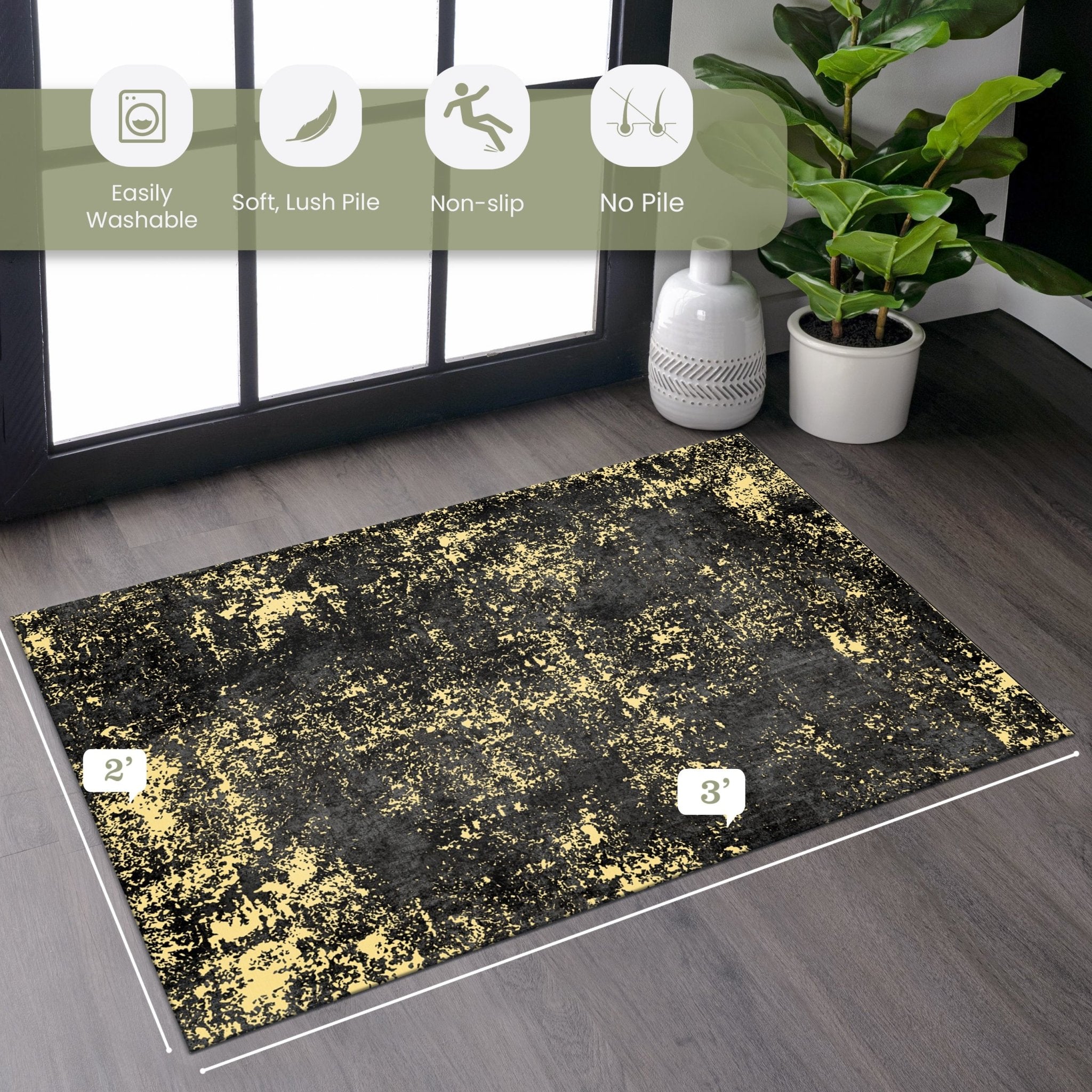 Layla 9' x 12' Black/Gold Machine Washable Low-Pile, Non-Slip, Non-Shedding, Foldable, Kid & Pet Friendly Area Rug - MidinMod